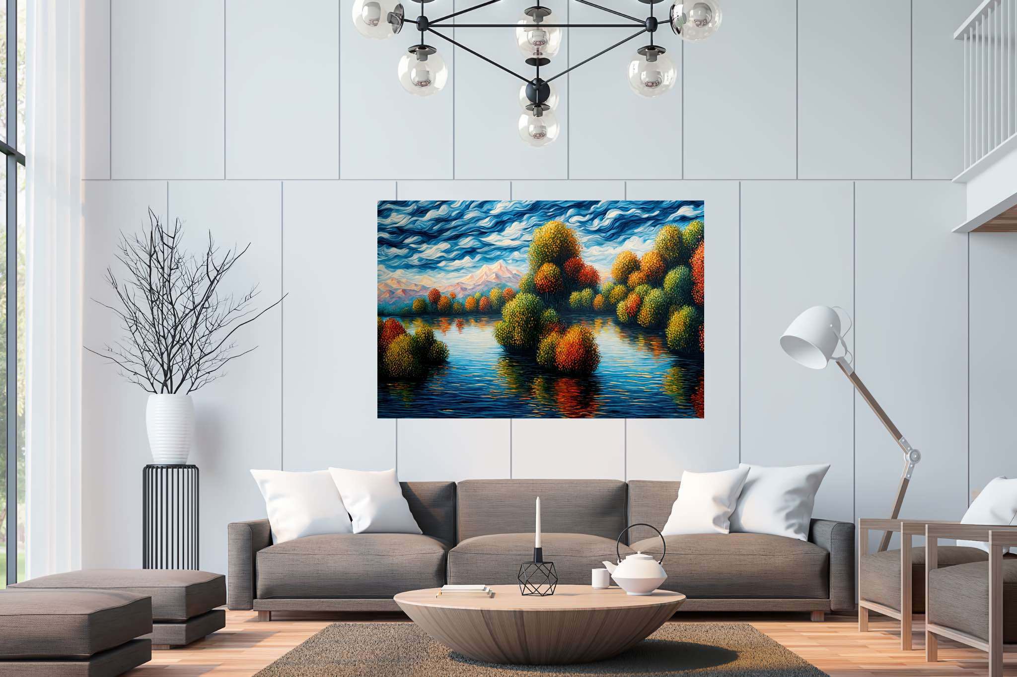 Hushed horizon embrace: Serene landscape art with serene nature landscapes, in a room with urban design, gallery-quality artwork, and trendy home accents. The art can be printed on poster, framed poster, canvas, metal, acrylic or wood, exclusively at WallArtZen. Find this exact print at https://wallartzen.com/waz231
