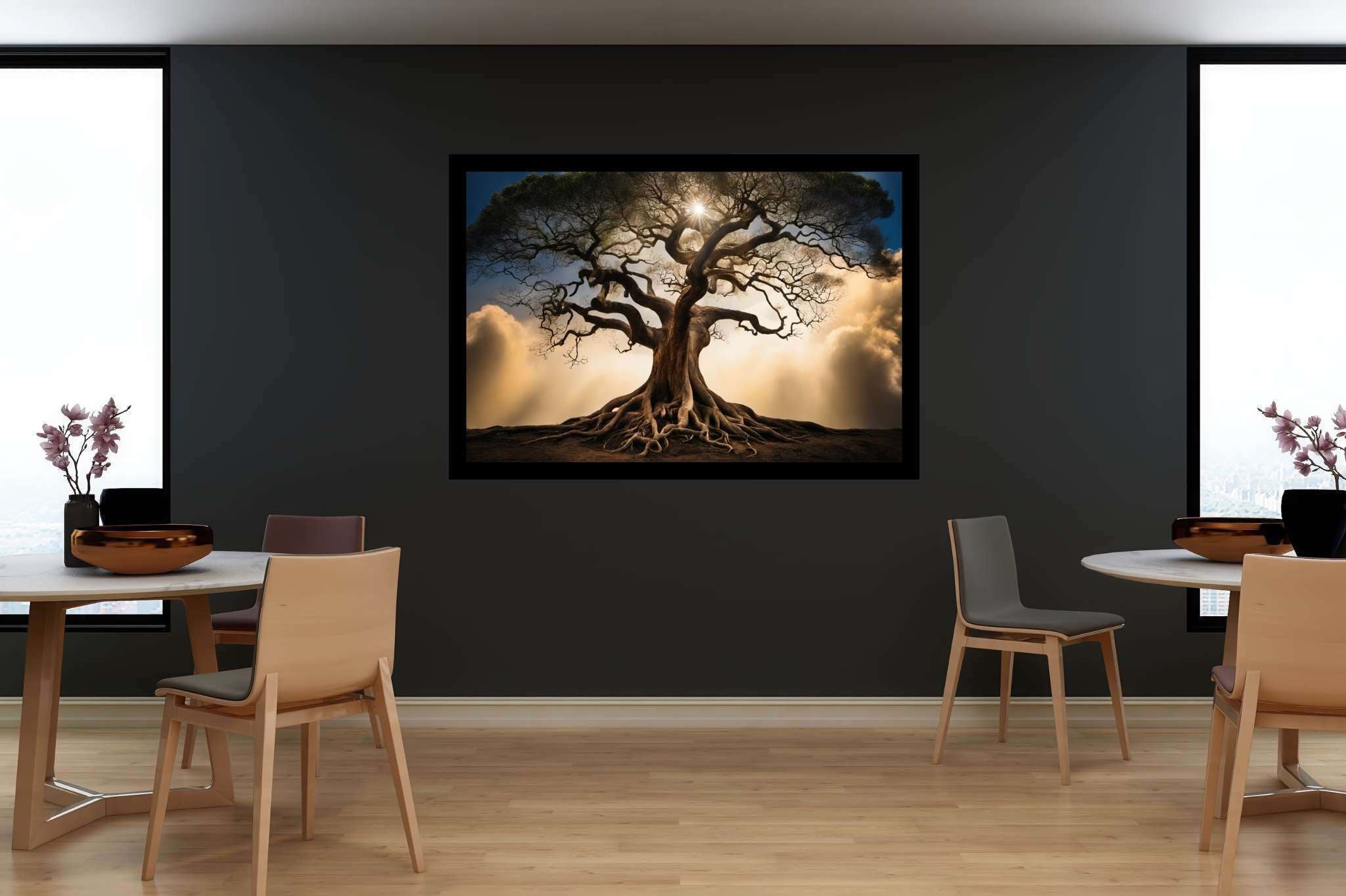 Skybound sentinels: Majestic tree art with mystical tree paintings, in a room with urban design, digital art pieces, and artisan decor. The art can be printed on poster, framed poster, canvas, metal, acrylic or wood, exclusively at WallArtZen. Find this exact print at https://wallartzen.com/waz235