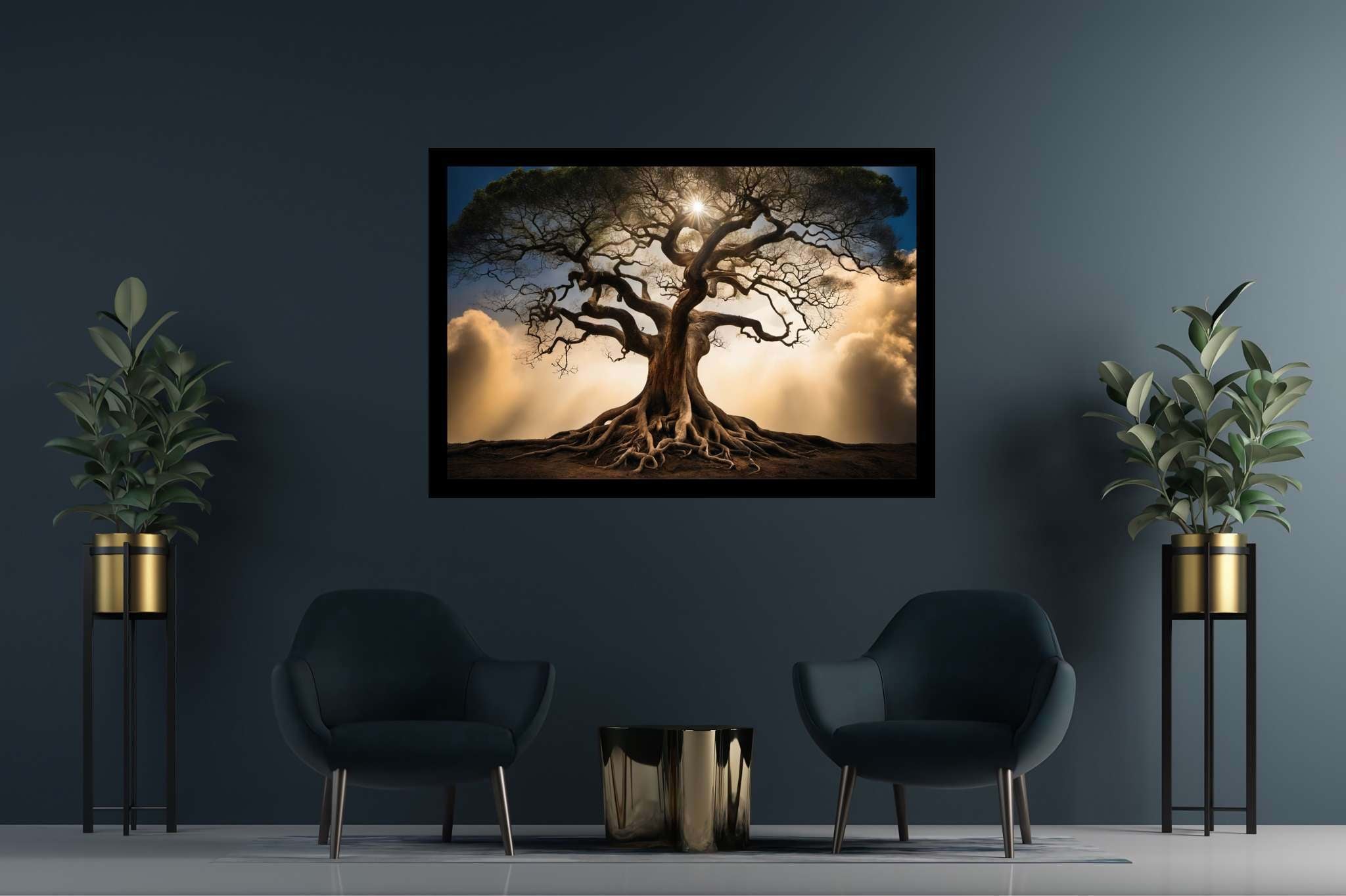 Skybound sentinels: Majestic tree art with tree symbolism, in a room with classic elegance, wall hangings, and home furnishings. The art can be printed on poster, framed poster, canvas, metal, acrylic or wood, exclusively at WallArtZen. Find this exact print at https://wallartzen.com/waz235