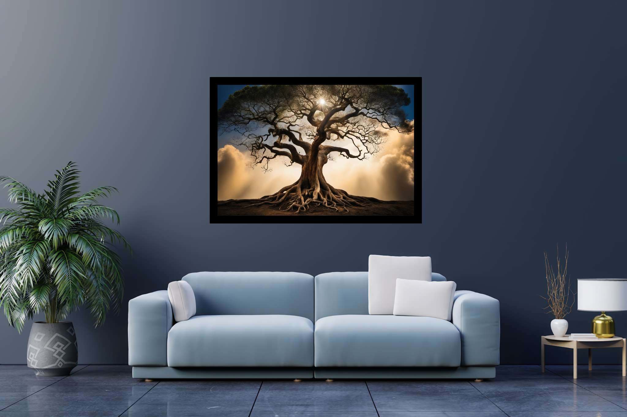 Skybound sentinels: Majestic tree art with nature-inspired artwork, in a room with great design, photographic wall art, and home styling items. The art can be printed on poster, framed poster, canvas, metal, acrylic or wood, exclusively at WallArtZen. Find this exact print at https://wallartzen.com/waz235