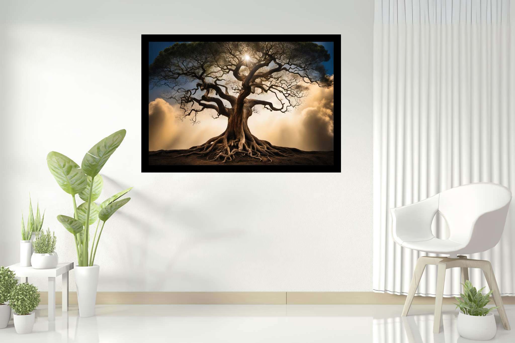 Skybound sentinels: Majestic tree art with mystical tree paintings, in a room with elegant layout, gallery-quality artwork, and trendy home accents. The art can be printed on poster, framed poster, canvas, metal, acrylic or wood, exclusively at WallArtZen. Find this exact print at https://wallartzen.com/waz235