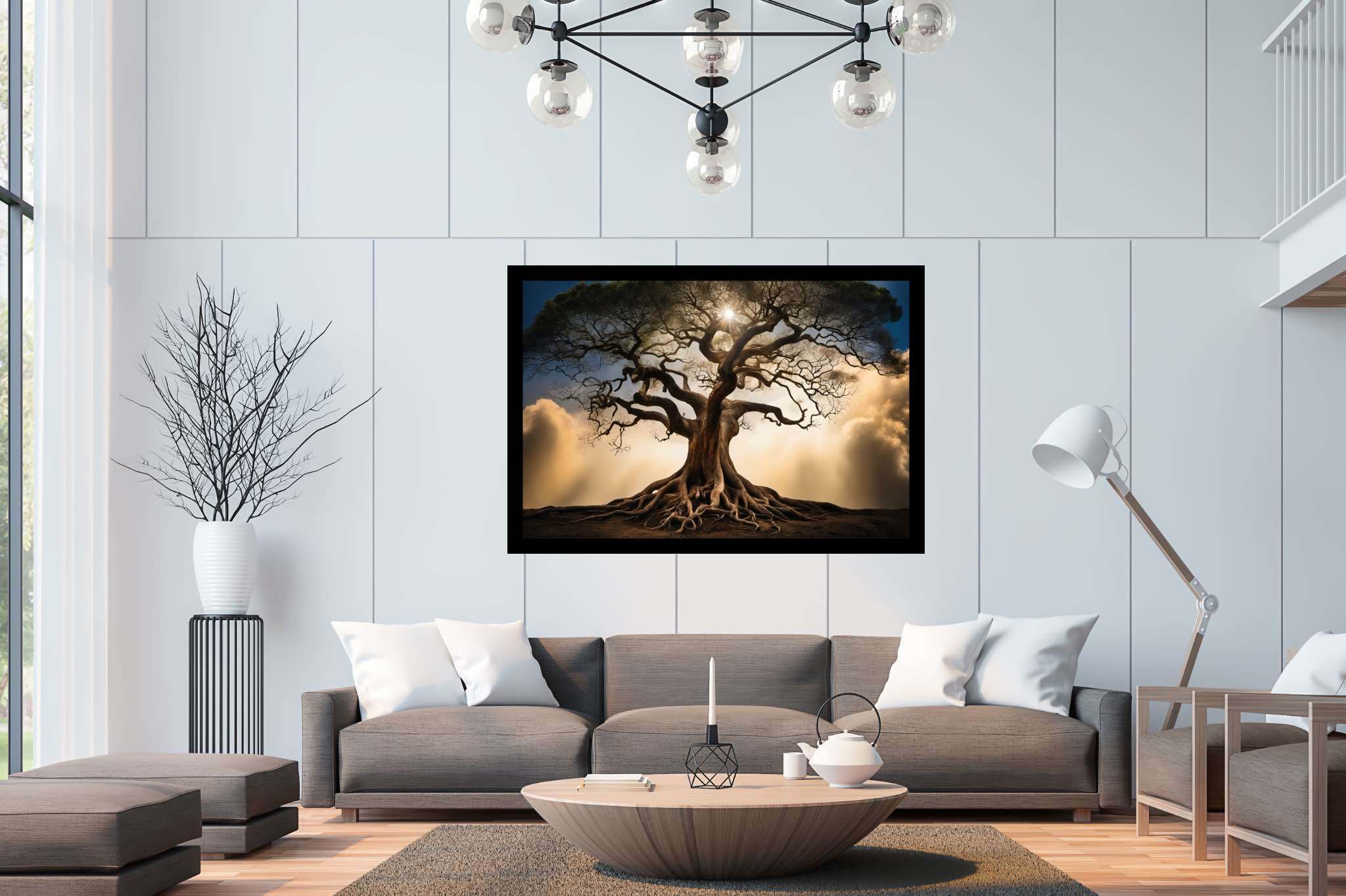 Skybound sentinels: Majestic tree art with nature-inspired wall art, in a room with urban design, wall art, and stylish accessories. The art can be printed on poster, framed poster, canvas, metal, acrylic or wood, exclusively at WallArtZen. Find this exact print at https://wallartzen.com/waz235