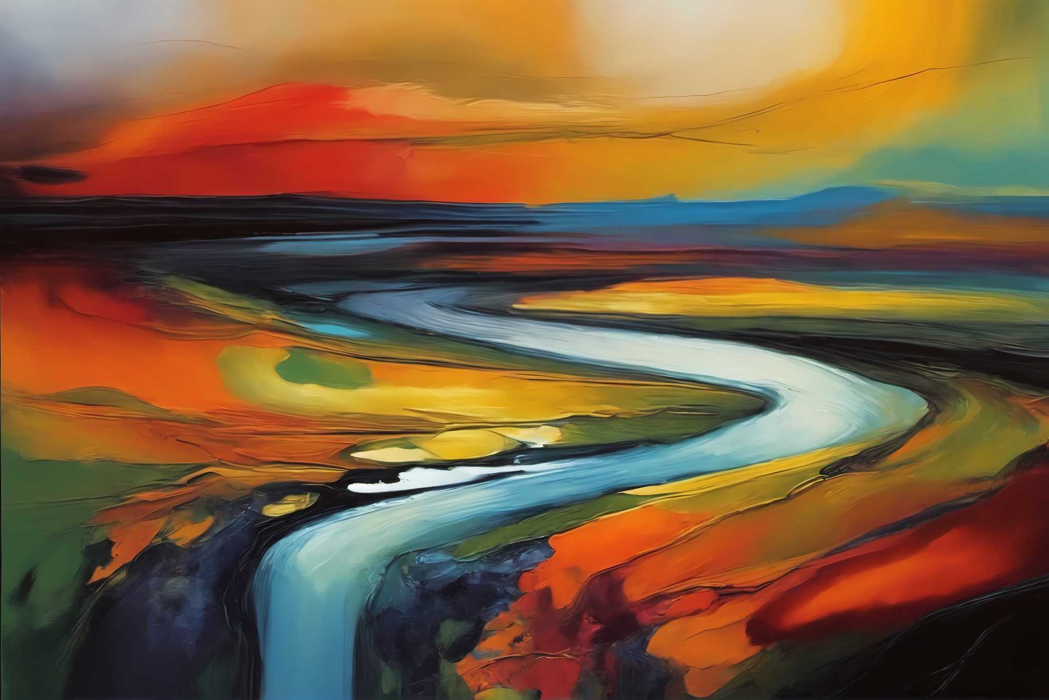 Evening's embrace on the valley river: Landscape art with scenic artwork, in a room with minimalist approach, mural artworks, and decorative pieces. The art can be printed on poster, framed poster, canvas, metal, acrylic or wood, exclusively at WallArtZen. Find this exact print at https://wallartzen.com/waz236