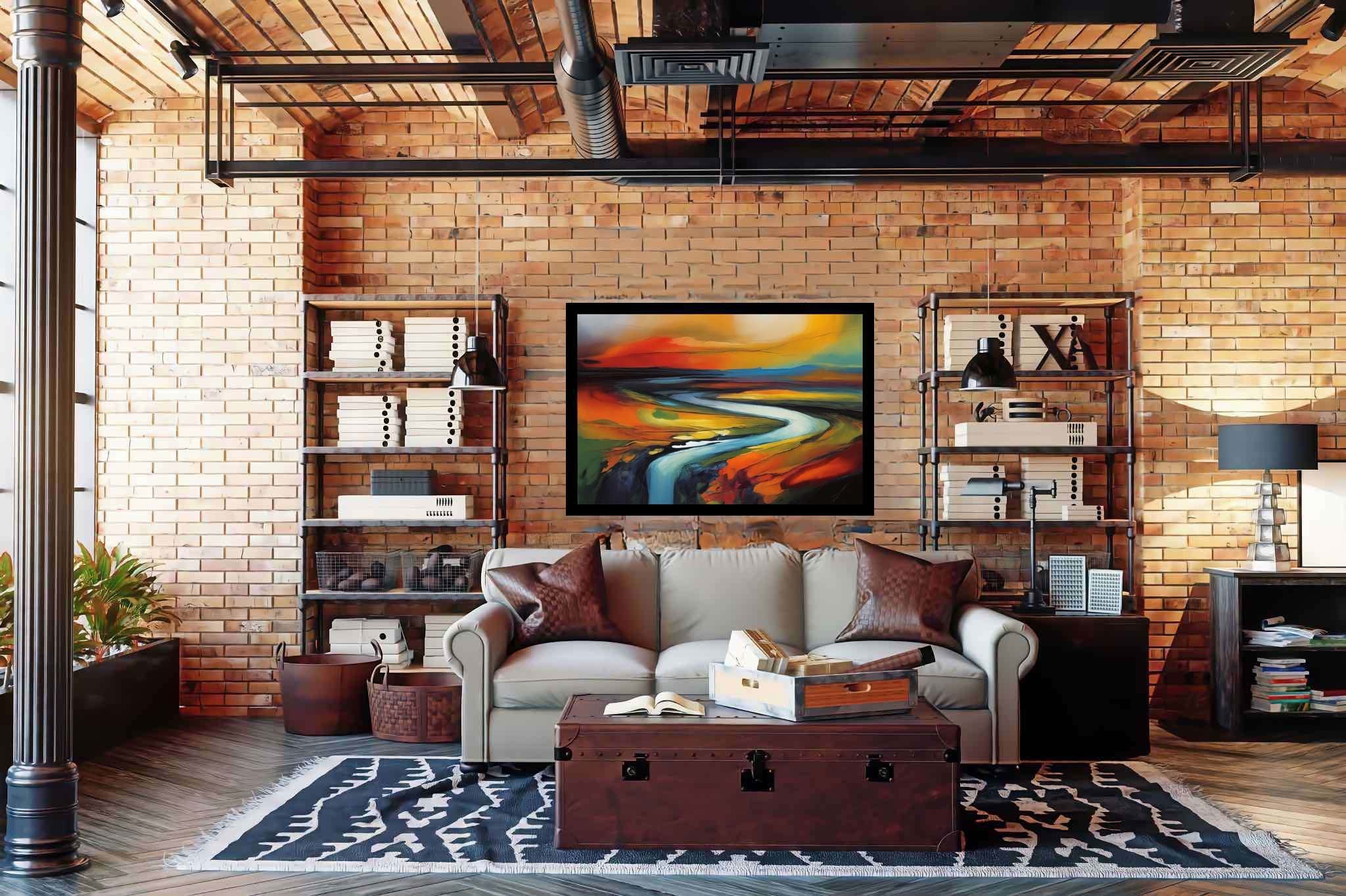 Evening's embrace on the valley river: Landscape art with scenic beauty, in a room with great design, bespoke art designs, and stylish accessories. The art can be printed on poster, framed poster, canvas, metal, acrylic or wood, exclusively at WallArtZen. Find this exact print at https://wallartzen.com/waz236