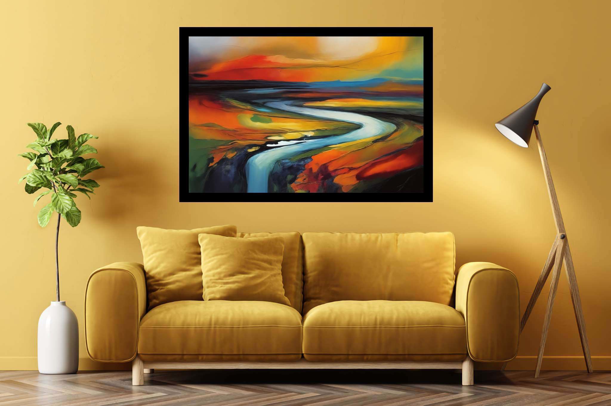 Evening's embrace on the valley river: Landscape art with urban landscapes, in a room with great design, canvas prints, and designer furniture. The art can be printed on poster, framed poster, canvas, metal, acrylic or wood, exclusively at WallArtZen. Find this exact print at https://wallartzen.com/waz236