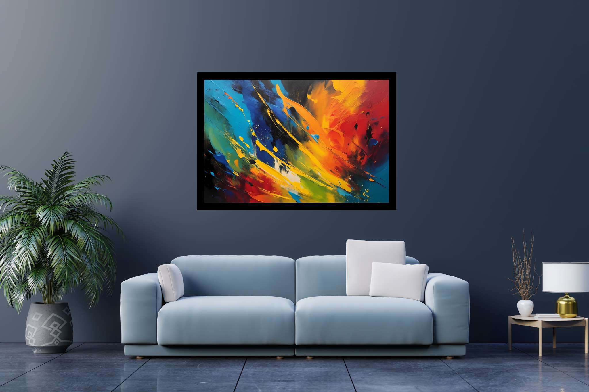 Chromatic rhapsody: Vibrant art with lively artwork, in a room with elegant layout, digital art pieces, and elegant home goods. The art can be printed on poster, framed poster, canvas, metal, acrylic or wood, exclusively at WallArtZen. Find this exact print at https://wallartzen.com/waz239