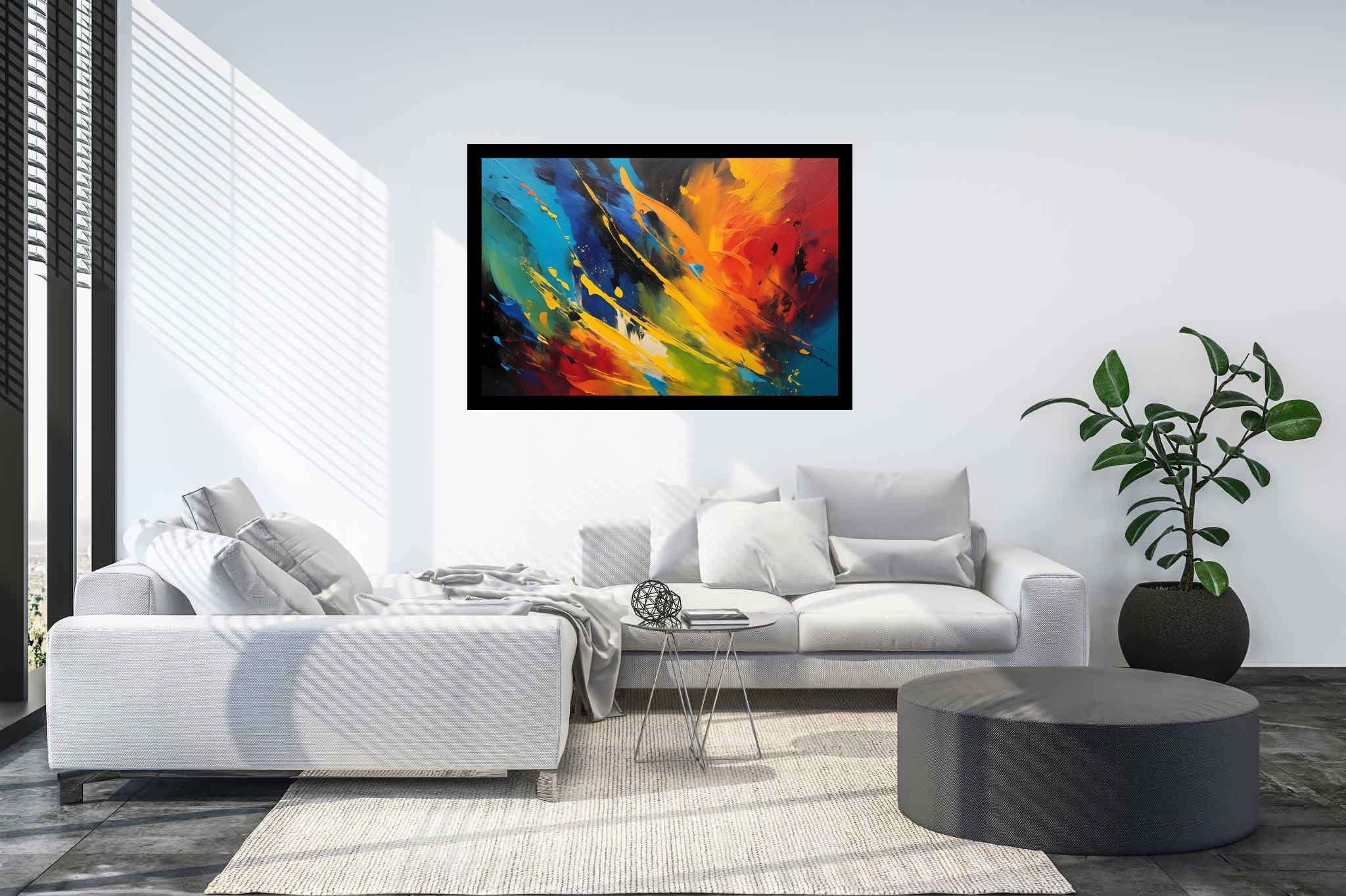 Chromatic rhapsody: Vibrant art with vibrant artistic creations, in a room with artistic style, canvas prints, and home styling items. The art can be printed on poster, framed poster, canvas, metal, acrylic or wood, exclusively at WallArtZen. Find this exact print at https://wallartzen.com/waz239