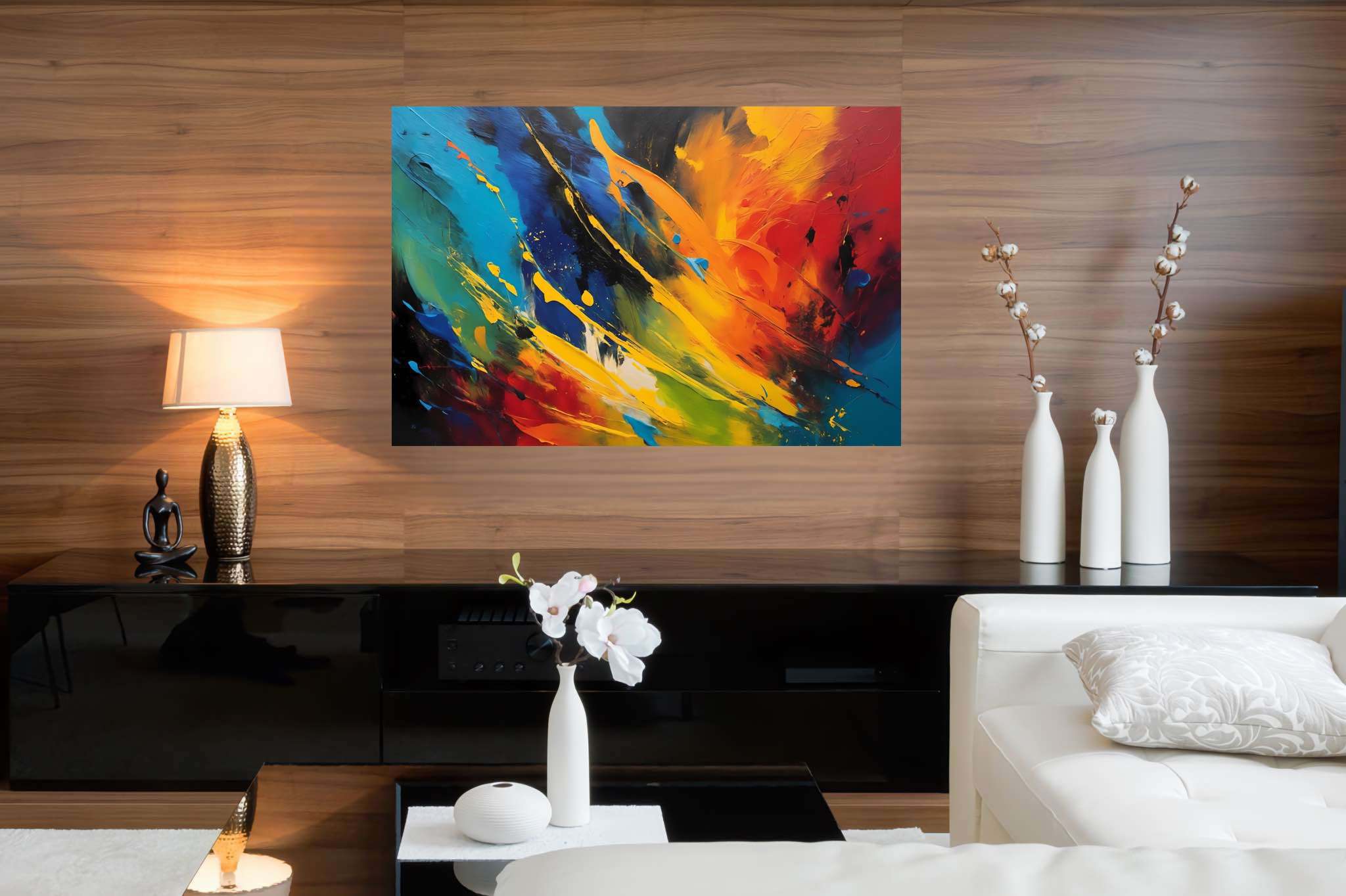 Chromatic rhapsody: Vibrant art with dynamic art, in a room with great design, mural artworks, and home styling items. The art can be printed on poster, framed poster, canvas, metal, acrylic or wood, exclusively at WallArtZen. Find this exact print at https://wallartzen.com/waz239