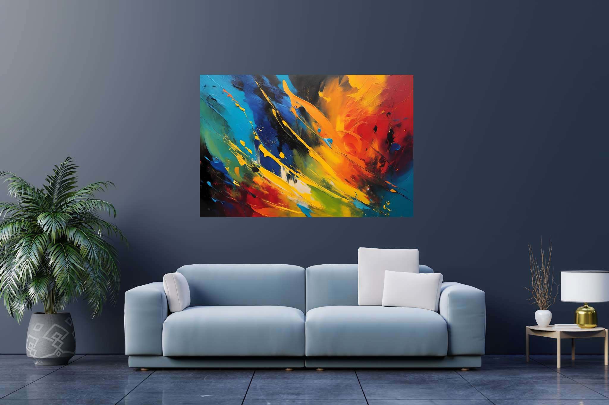 Chromatic rhapsody: Vibrant art with vivid art, in a room with innovative layout, gallery-quality artwork, and home furnishings. The art can be printed on poster, framed poster, canvas, metal, acrylic or wood, exclusively at WallArtZen. Find this exact print at https://wallartzen.com/waz239
