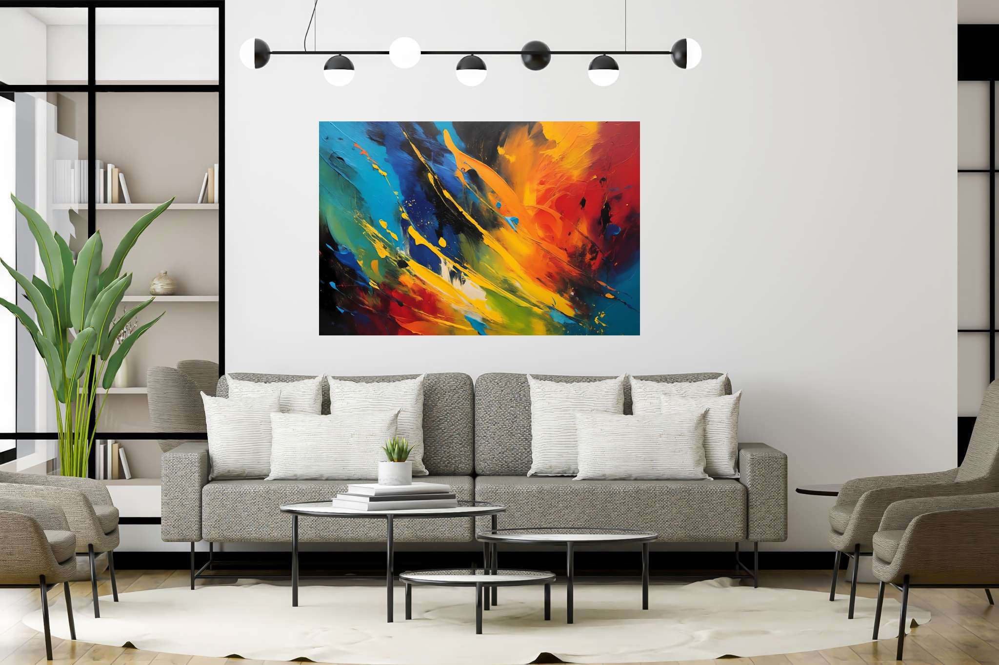 Chromatic rhapsody: Vibrant art with energetic art, in a room with innovative layout, digital art pieces, and interior decorations. The art can be printed on poster, framed poster, canvas, metal, acrylic or wood, exclusively at WallArtZen. Find this exact print at https://wallartzen.com/waz239