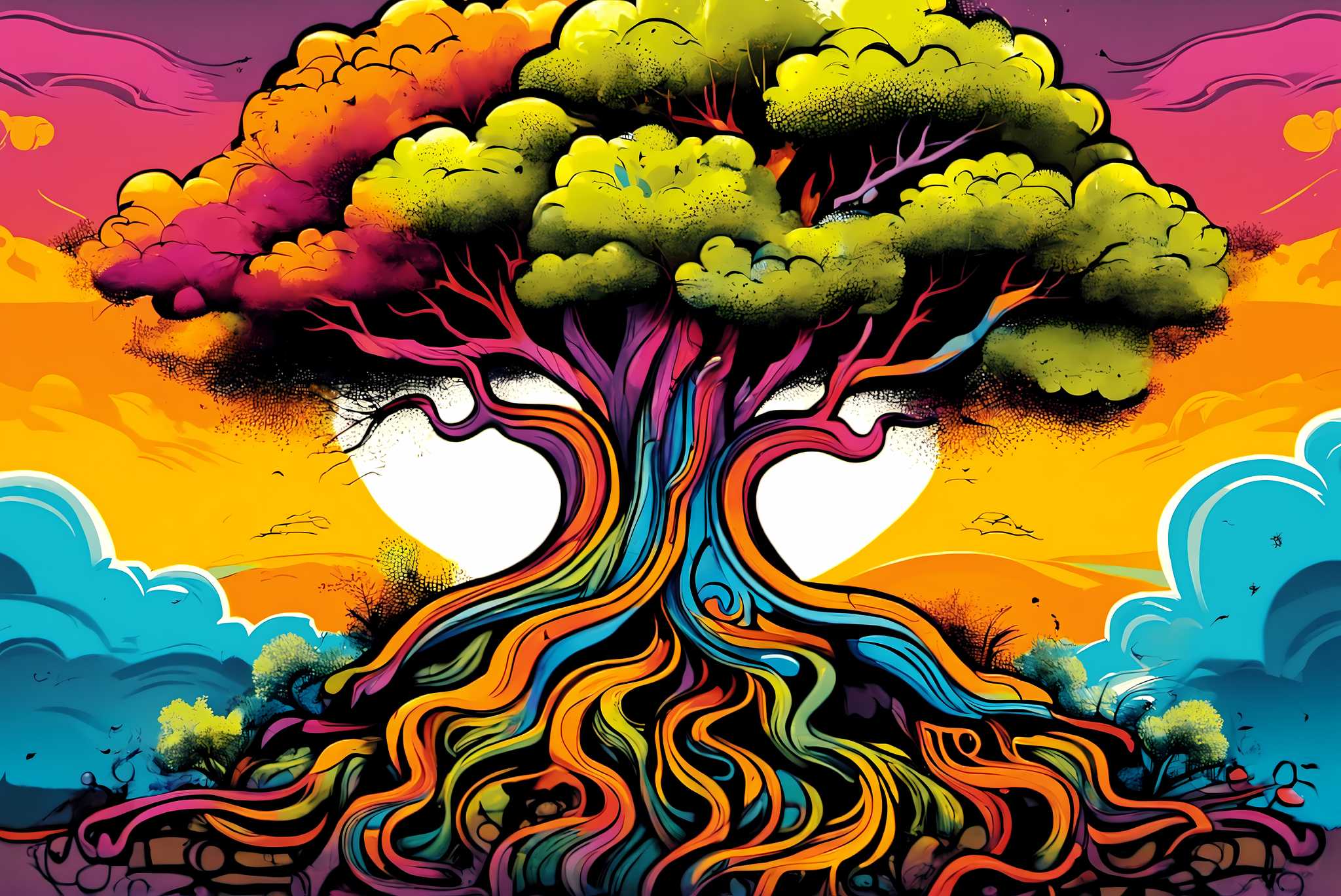 Arboreal ballet of shadows: Illustration art with hand-drawn, in a room with minimalist approach, framed art, and designer furniture. The art can be printed on poster, framed poster, canvas, metal, acrylic or wood, exclusively at WallArtZen. Find this exact print at https://wallartzen.com/waz23