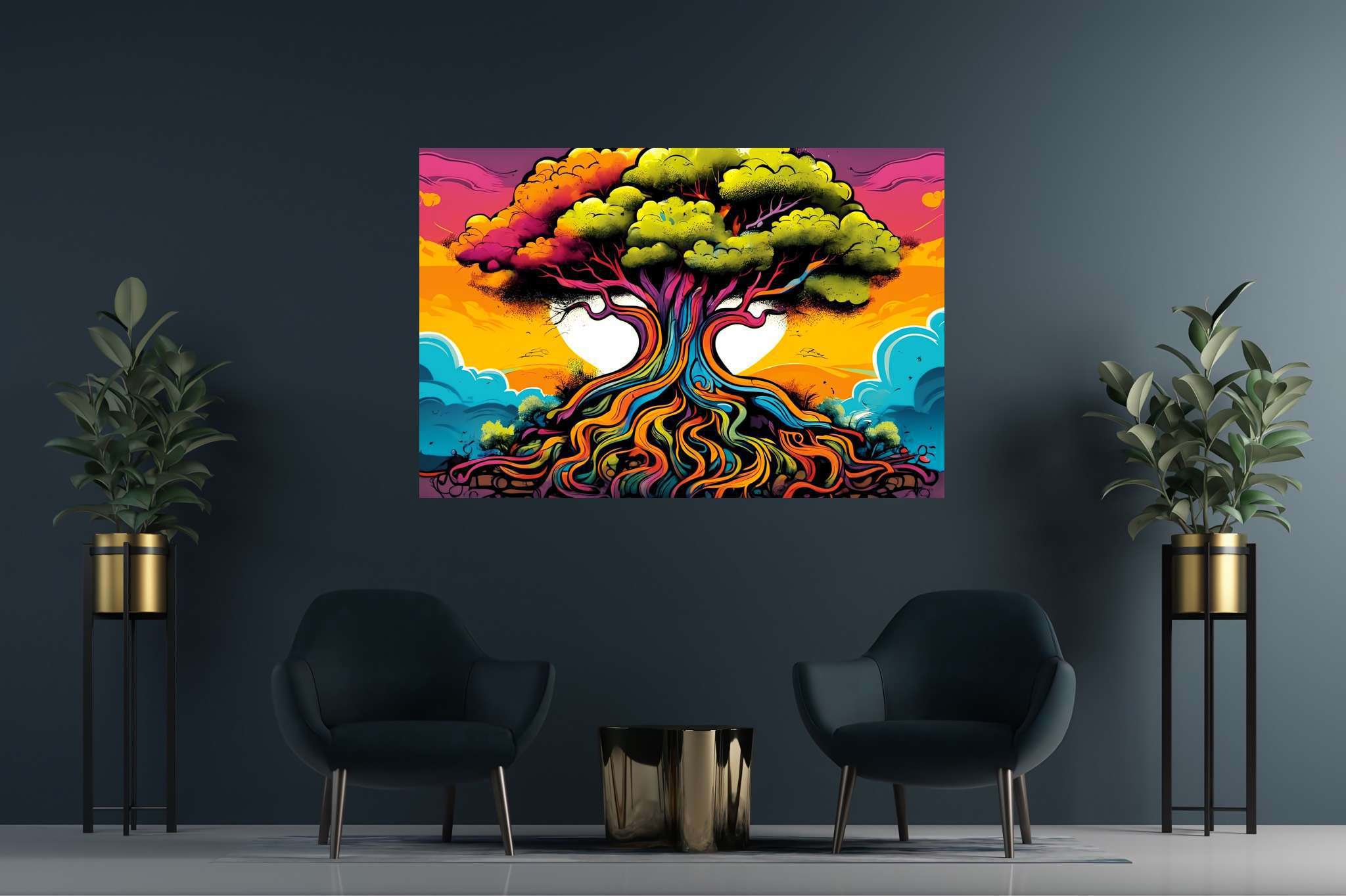Arboreal ballet of shadows: Illustration art with concept art, in a room with minimalist approach, mural artworks, and home styling items. The art can be printed on poster, framed poster, canvas, metal, acrylic or wood, exclusively at WallArtZen. Find this exact print at https://wallartzen.com/waz23