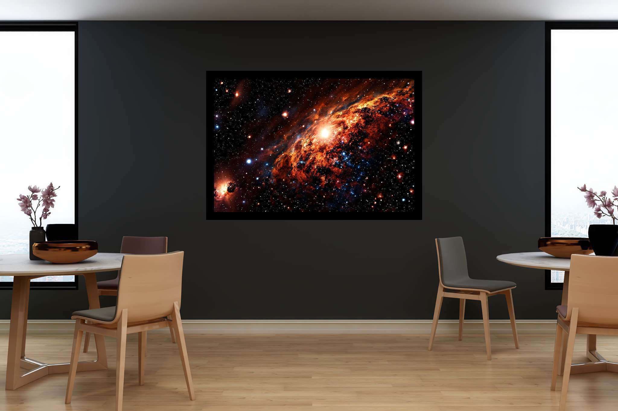 Stardust sonata: Celestial art with celestial symbolism, in a room with chic decor, bespoke art designs, and designer furniture. The art can be printed on poster, framed poster, canvas, metal, acrylic or wood, exclusively at WallArtZen. Find this exact print at https://wallartzen.com/waz240