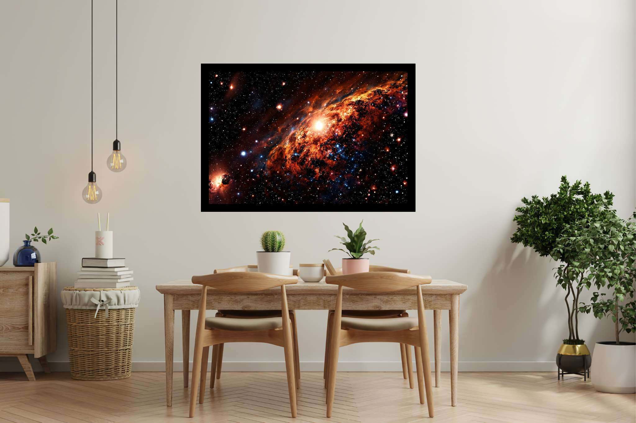Stardust sonata: Celestial art with astronomical art, in a room with minimalist approach, wall art, and home furnishings. The art can be printed on poster, framed poster, canvas, metal, acrylic or wood, exclusively at WallArtZen. Find this exact print at https://wallartzen.com/waz240