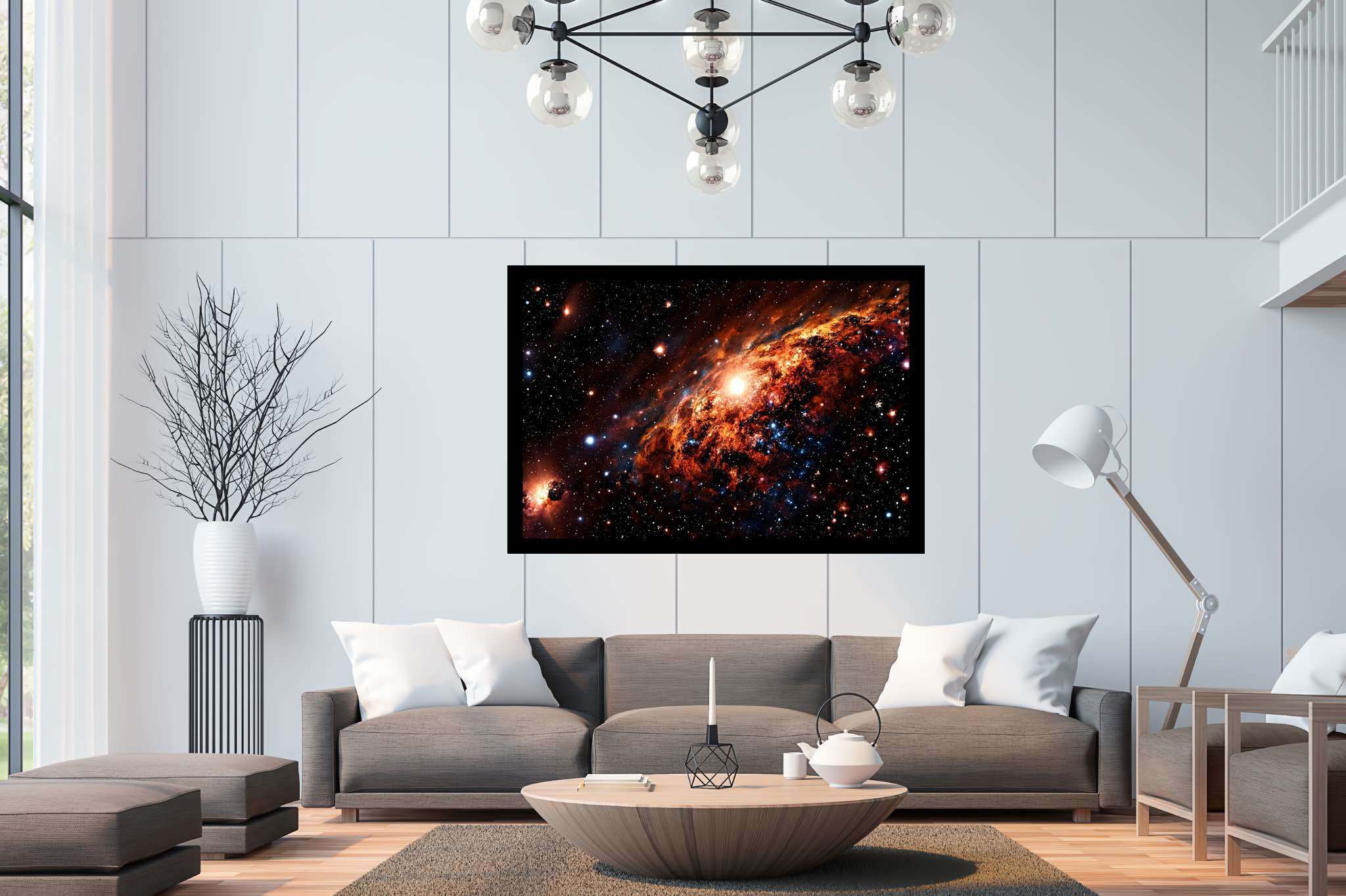 Stardust sonata: Celestial art with galaxies, in a room with minimalist approach, framed art, and home styling items. The art can be printed on poster, framed poster, canvas, metal, acrylic or wood, exclusively at WallArtZen. Find this exact print at https://wallartzen.com/waz240