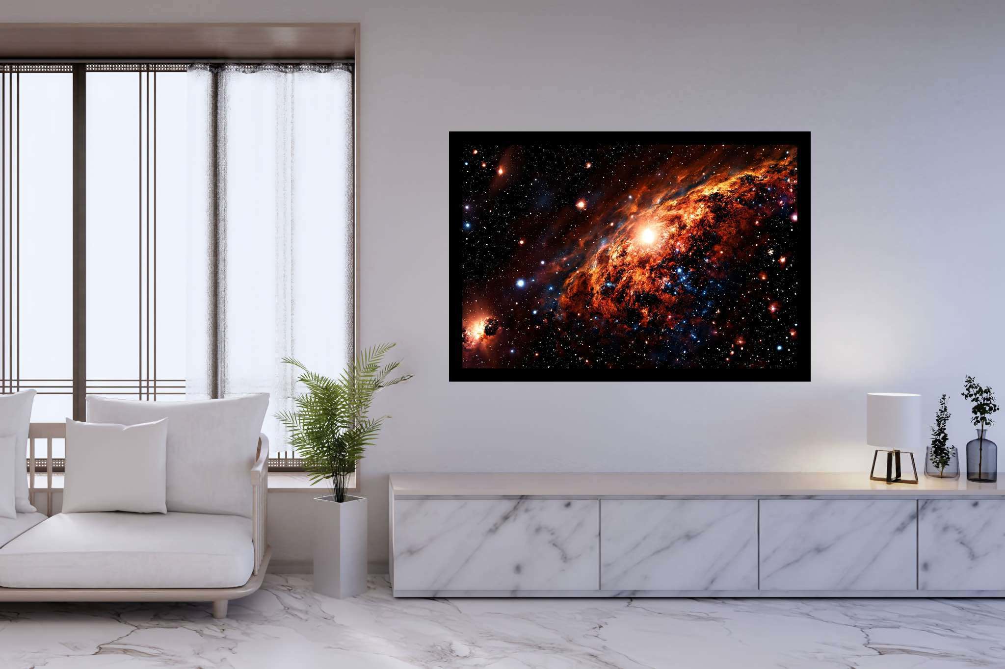 Stardust sonata: Celestial art with celestial-inspired, in a room with urban design, photographic wall art, and home furnishings. The art can be printed on poster, framed poster, canvas, metal, acrylic or wood, exclusively at WallArtZen. Find this exact print at https://wallartzen.com/waz240