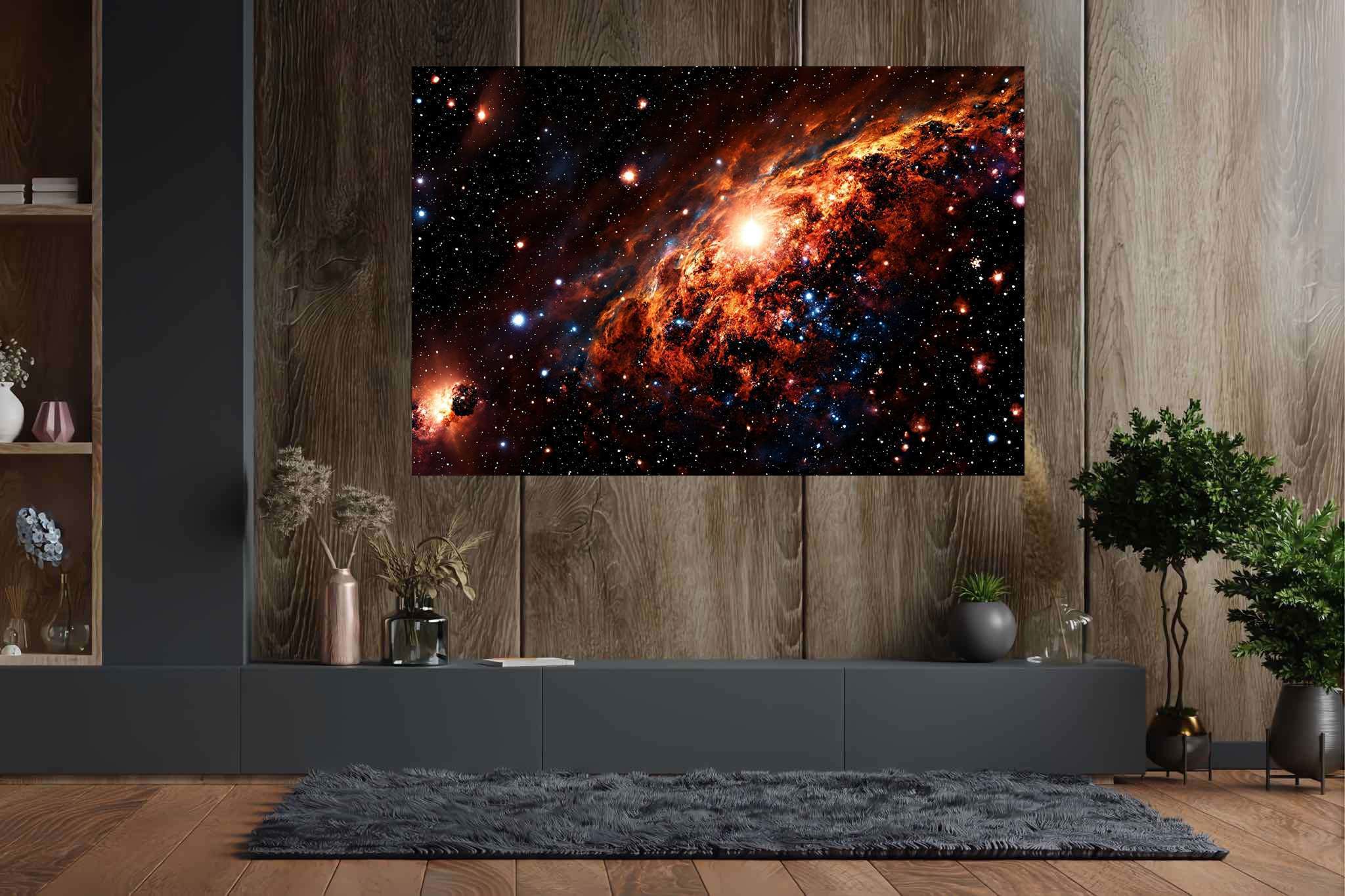 Stardust sonata: Celestial art with universe, in a room with elegant layout, mural artworks, and decorative pieces. The art can be printed on poster, framed poster, canvas, metal, acrylic or wood, exclusively at WallArtZen. Find this exact print at https://wallartzen.com/waz240