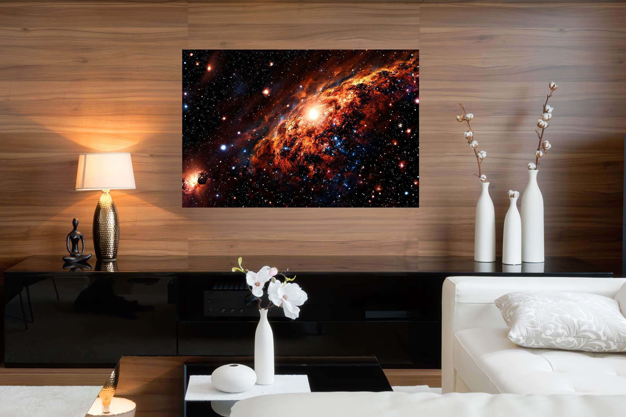 Stardust sonata: Celestial art with celestial beings, in a room with classic elegance, abstract paintings, and home styling items. The art can be printed on poster, framed poster, canvas, metal, acrylic or wood, exclusively at WallArtZen. Find this exact print at https://wallartzen.com/waz240