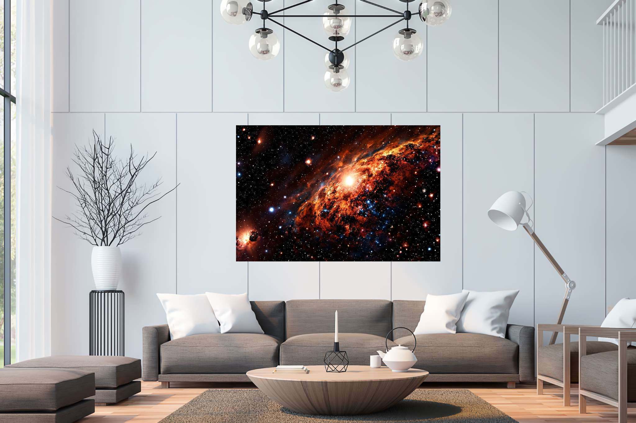 Stardust sonata: Celestial art with celestial beings, in a room with modern style, framed art, and designer furniture. The art can be printed on poster, framed poster, canvas, metal, acrylic or wood, exclusively at WallArtZen. Find this exact print at https://wallartzen.com/waz240