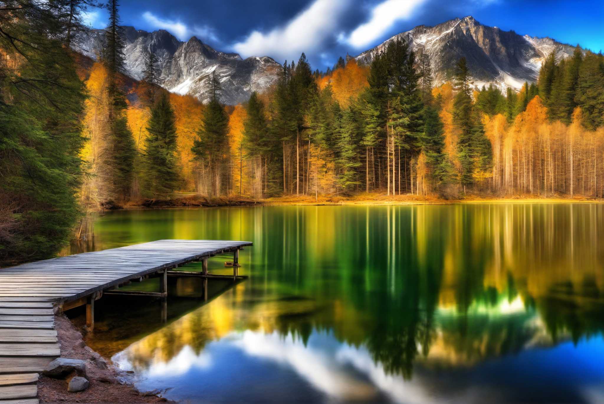 Autumn's still rhapsody: Serene lake art with peaceful water painting, in a room with urban design, wall art, and designer furniture. The art can be printed on poster, framed poster, canvas, metal, acrylic or wood, exclusively at WallArtZen. Find this exact print at https://wallartzen.com/waz241