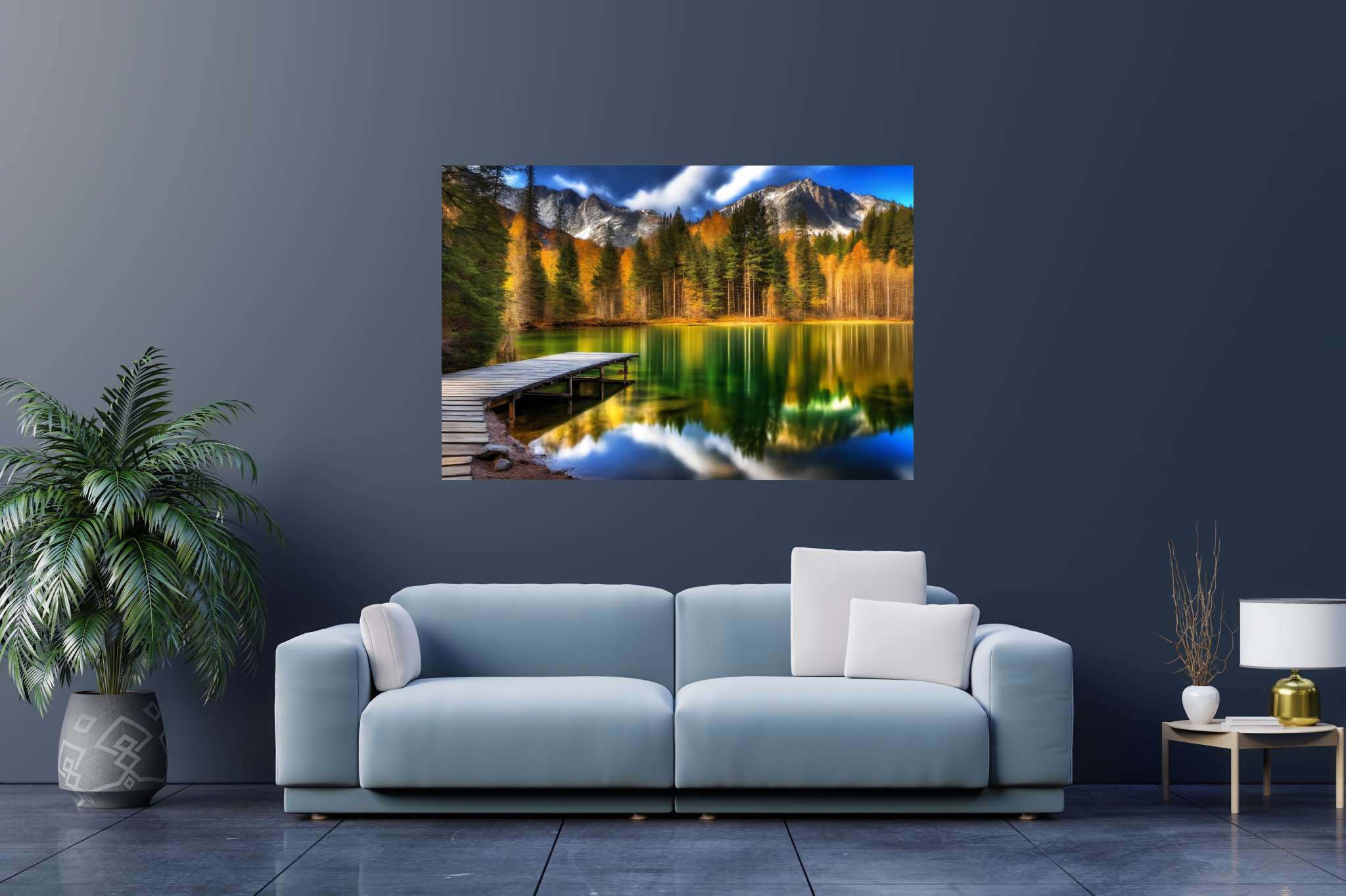 Autumn's still rhapsody: Serene lake art with peaceful landscape artwork, in a room with contemporary flair, photographic wall art, and luxe decor. The art can be printed on poster, framed poster, canvas, metal, acrylic or wood, exclusively at WallArtZen. Find this exact print at https://wallartzen.com/waz241