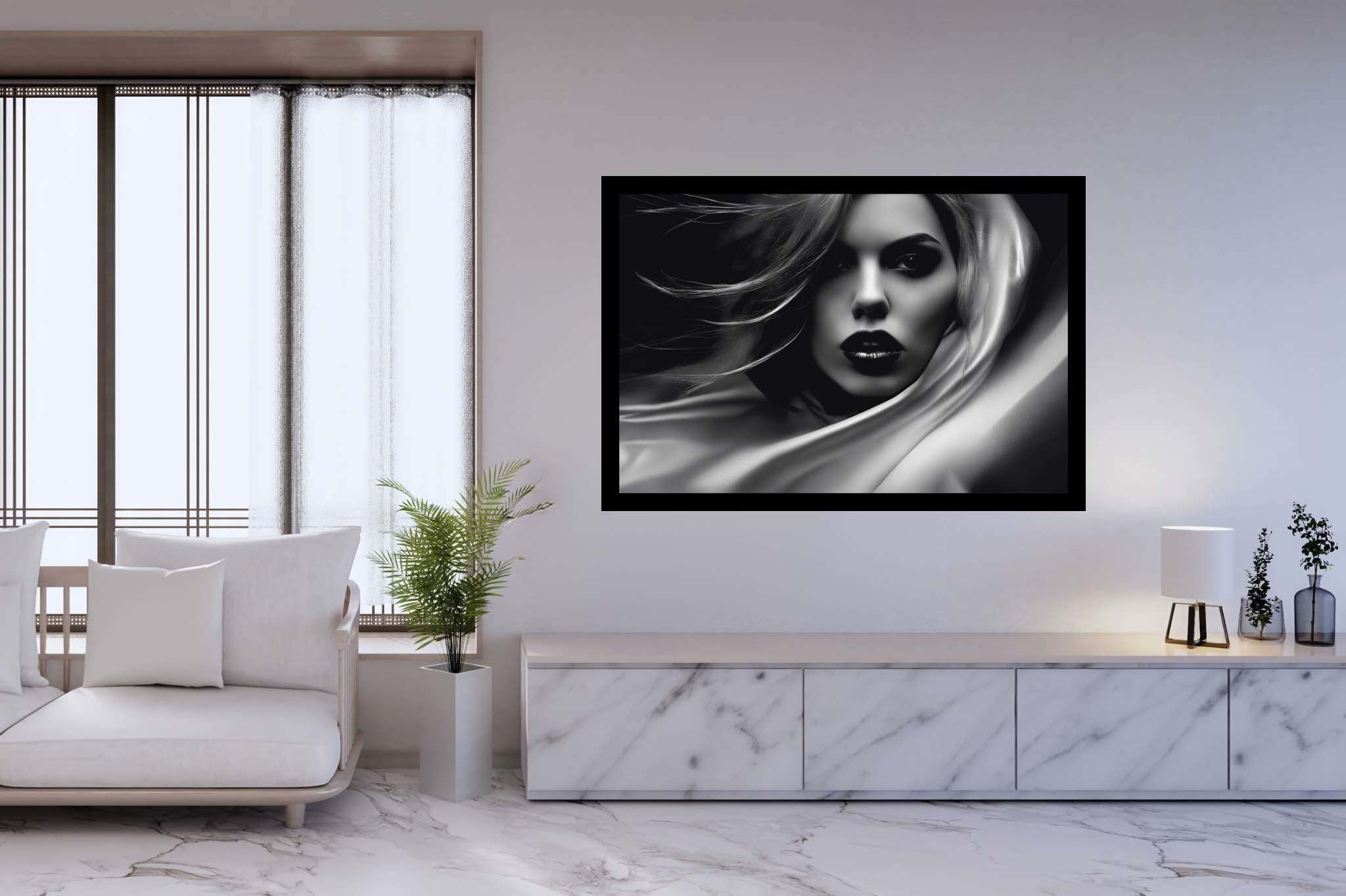 Elegance unveiled: Woman art with female artist, in a room with classic elegance, fine art prints, and trendy home accents. The art can be printed on poster, framed poster, canvas, metal, acrylic or wood, exclusively at WallArtZen. Find this exact print at https://wallartzen.com/waz244