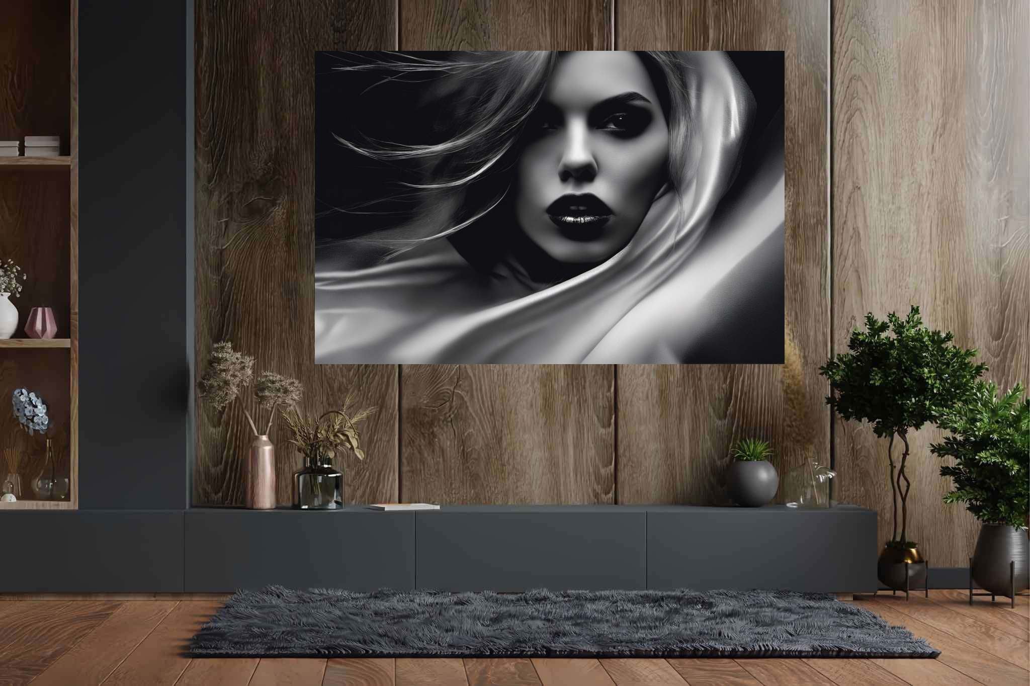 Elegance unveiled: Woman art with woman artist, in a room with contemporary flair, wall art, and designer furniture. The art can be printed on poster, framed poster, canvas, metal, acrylic or wood, exclusively at WallArtZen. Find this exact print at https://wallartzen.com/waz244