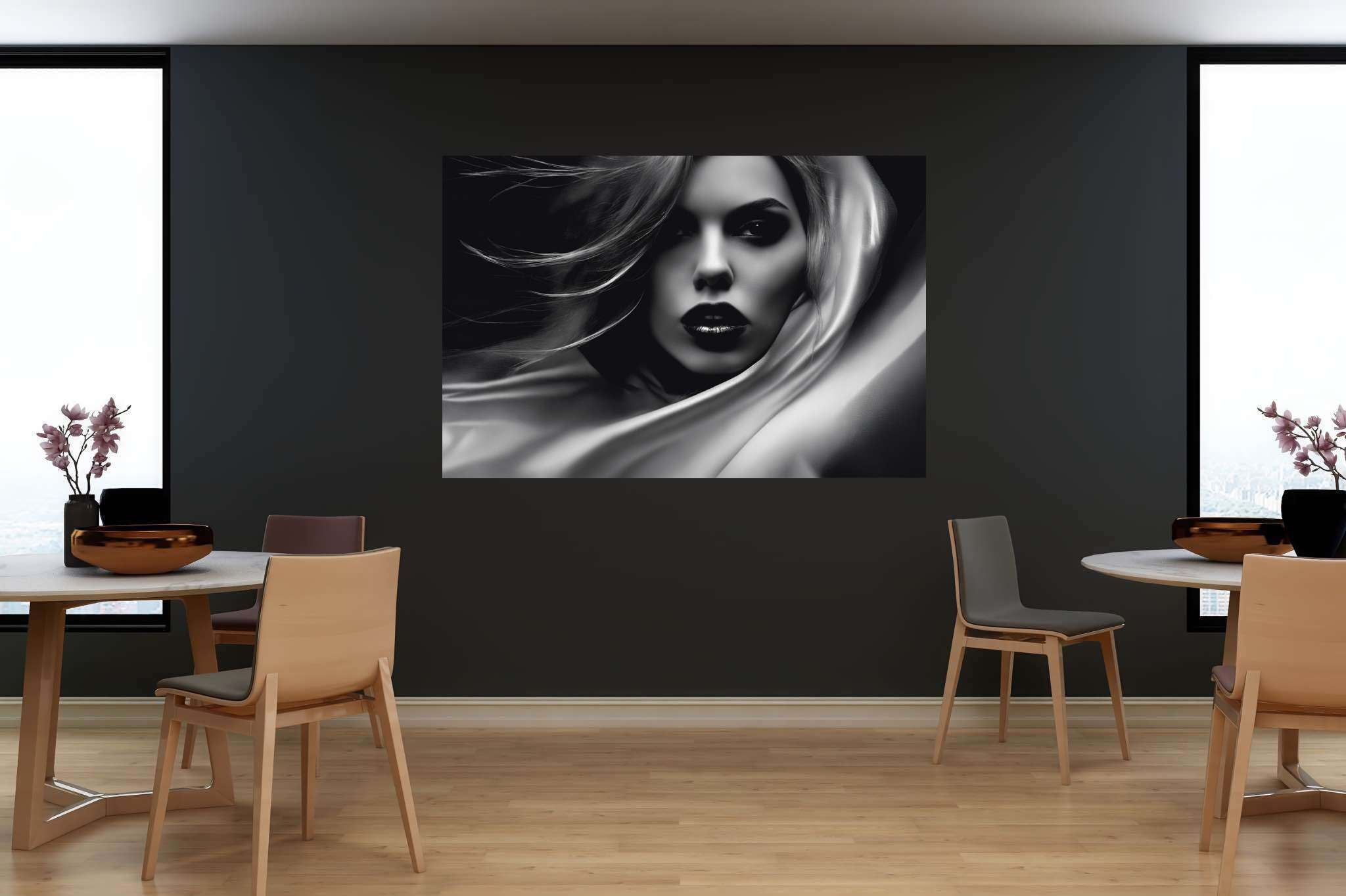 Elegance unveiled: Woman art with women in art, in a room with great design, wall art, and trendy home accents. The art can be printed on poster, framed poster, canvas, metal, acrylic or wood, exclusively at WallArtZen. Find this exact print at https://wallartzen.com/waz244