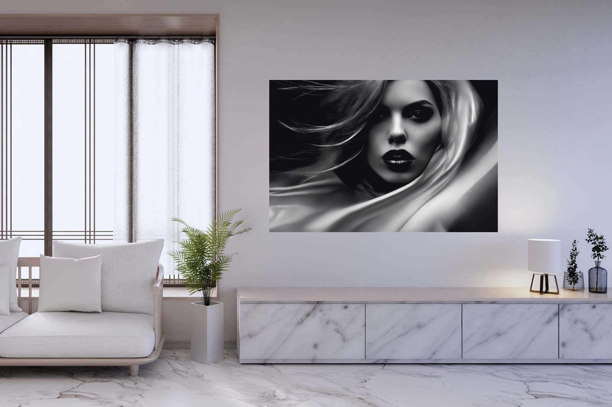 Elegance unveiled: Woman art with women's creativity, in a room with minimalist approach, fine art prints, and stylish accessories. The art can be printed on poster, framed poster, canvas, metal, acrylic or wood, exclusively at WallArtZen. Find this exact print at https://wallartzen.com/waz244