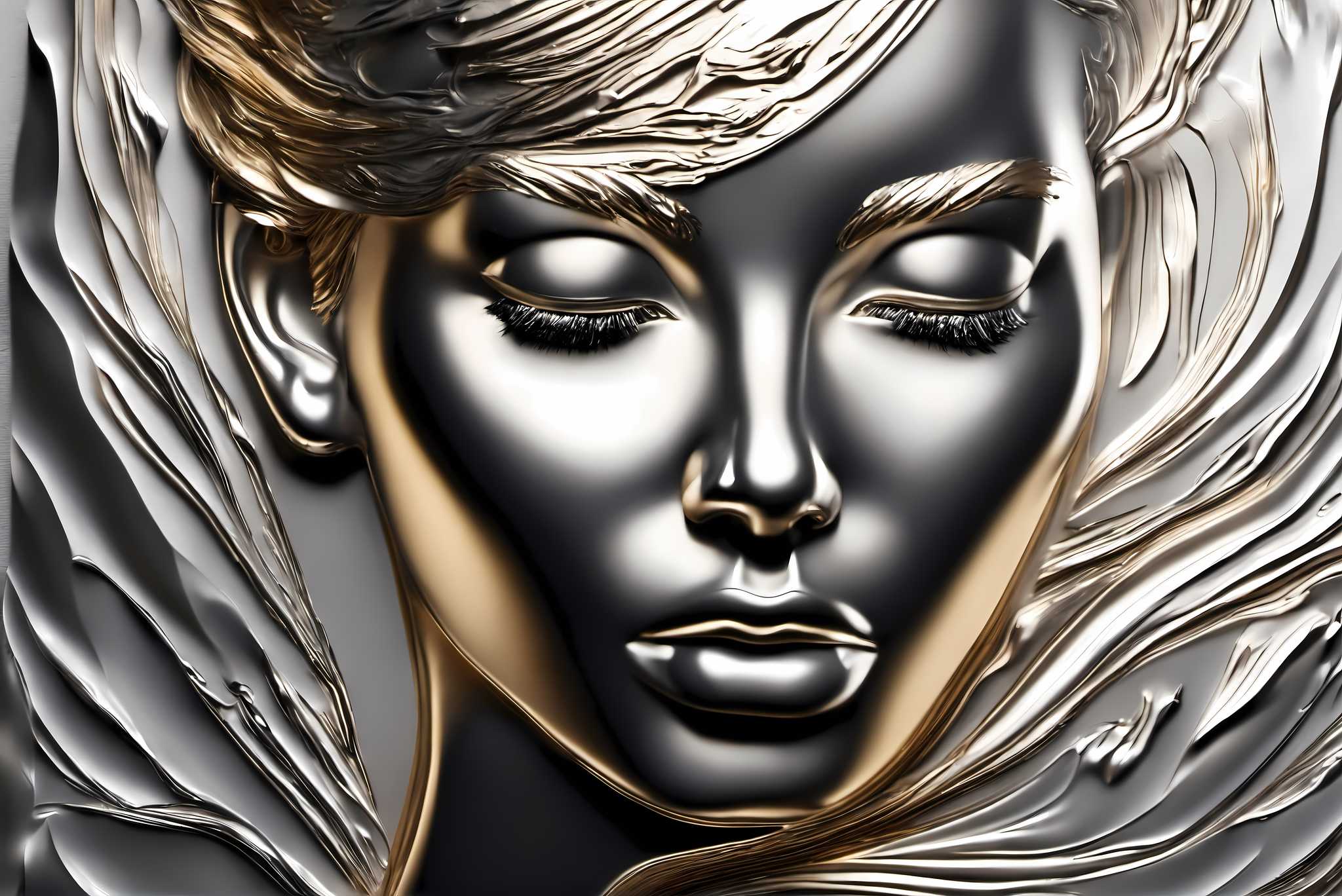 Silent resonance in gold: Woman art with gender in art, in a room with chic decor, mural artworks, and home styling items. The art can be printed on poster, framed poster, canvas, metal, acrylic or wood, exclusively at WallArtZen. Find this exact print at https://wallartzen.com/waz245