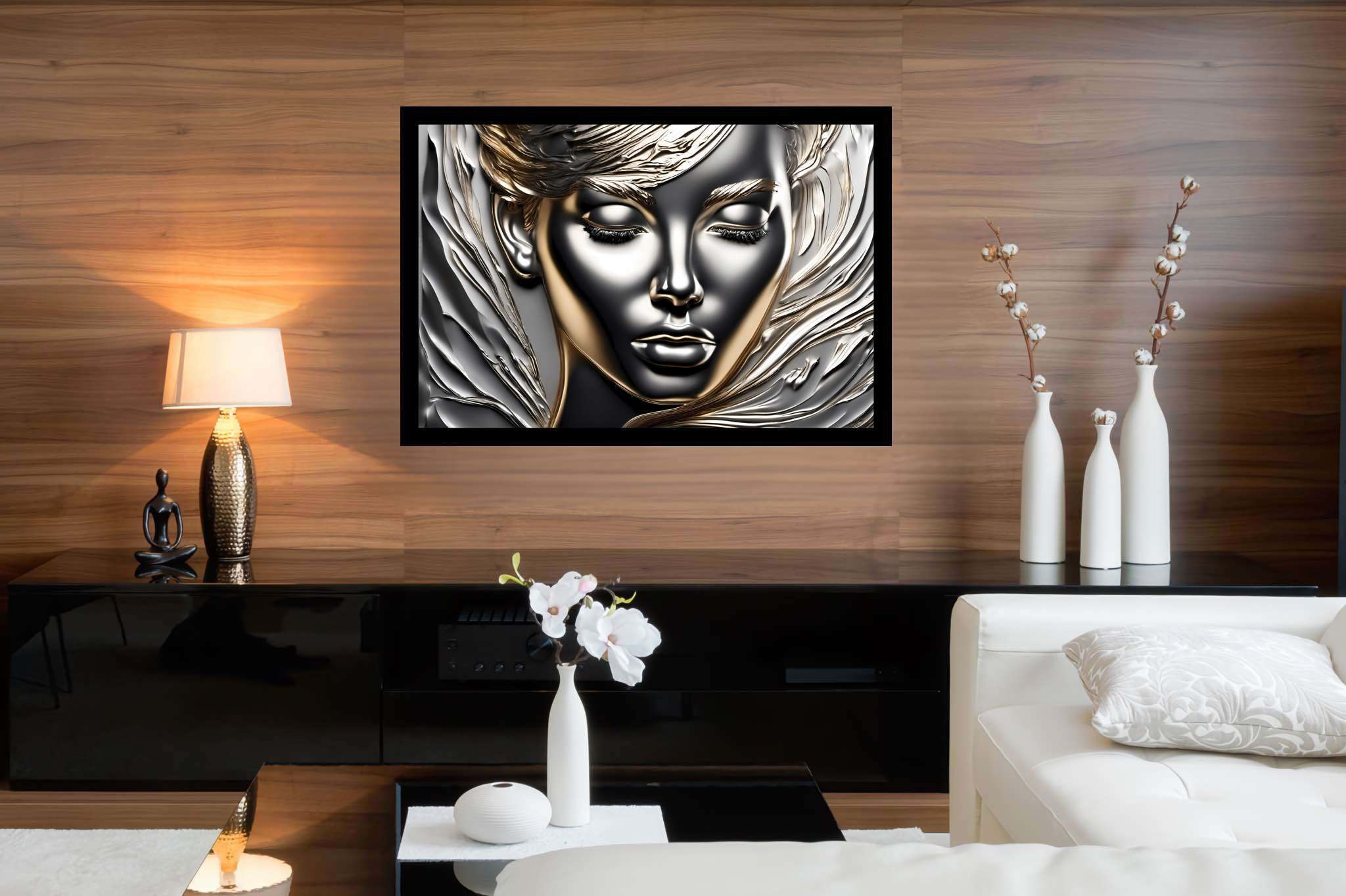 Silent resonance in gold: Woman art with female portraits, in a room with classic elegance, gallery-quality artwork, and stylish accessories. The art can be printed on poster, framed poster, canvas, metal, acrylic or wood, exclusively at WallArtZen. Find this exact print at https://wallartzen.com/waz245