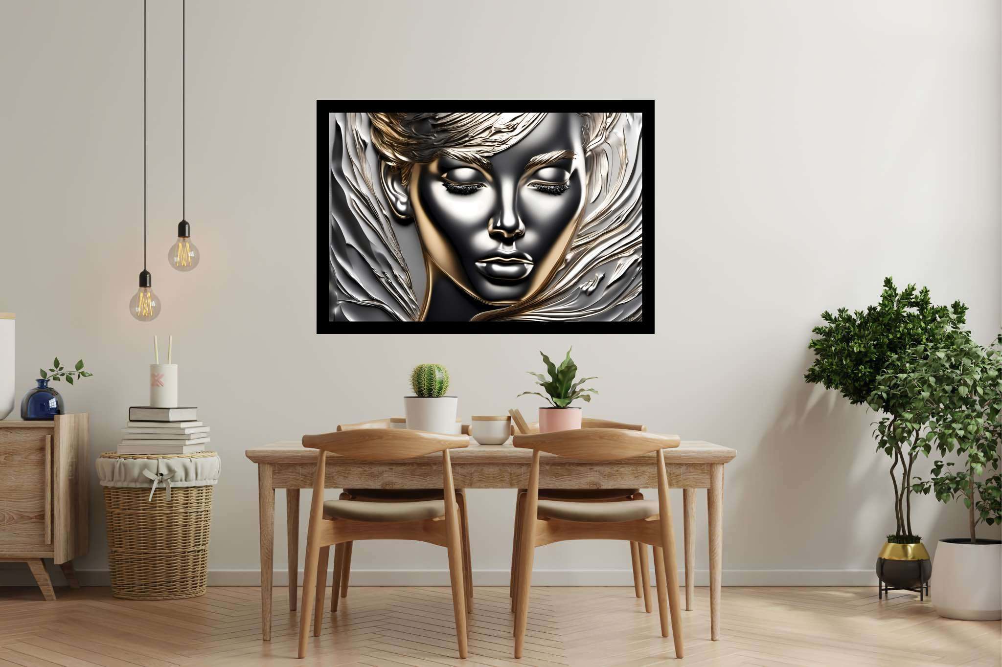 Silent resonance in gold: Woman art with gender in art, in a room with minimalist approach, photographic wall art, and designer furniture. The art can be printed on poster, framed poster, canvas, metal, acrylic or wood, exclusively at WallArtZen. Find this exact print at https://wallartzen.com/waz245
