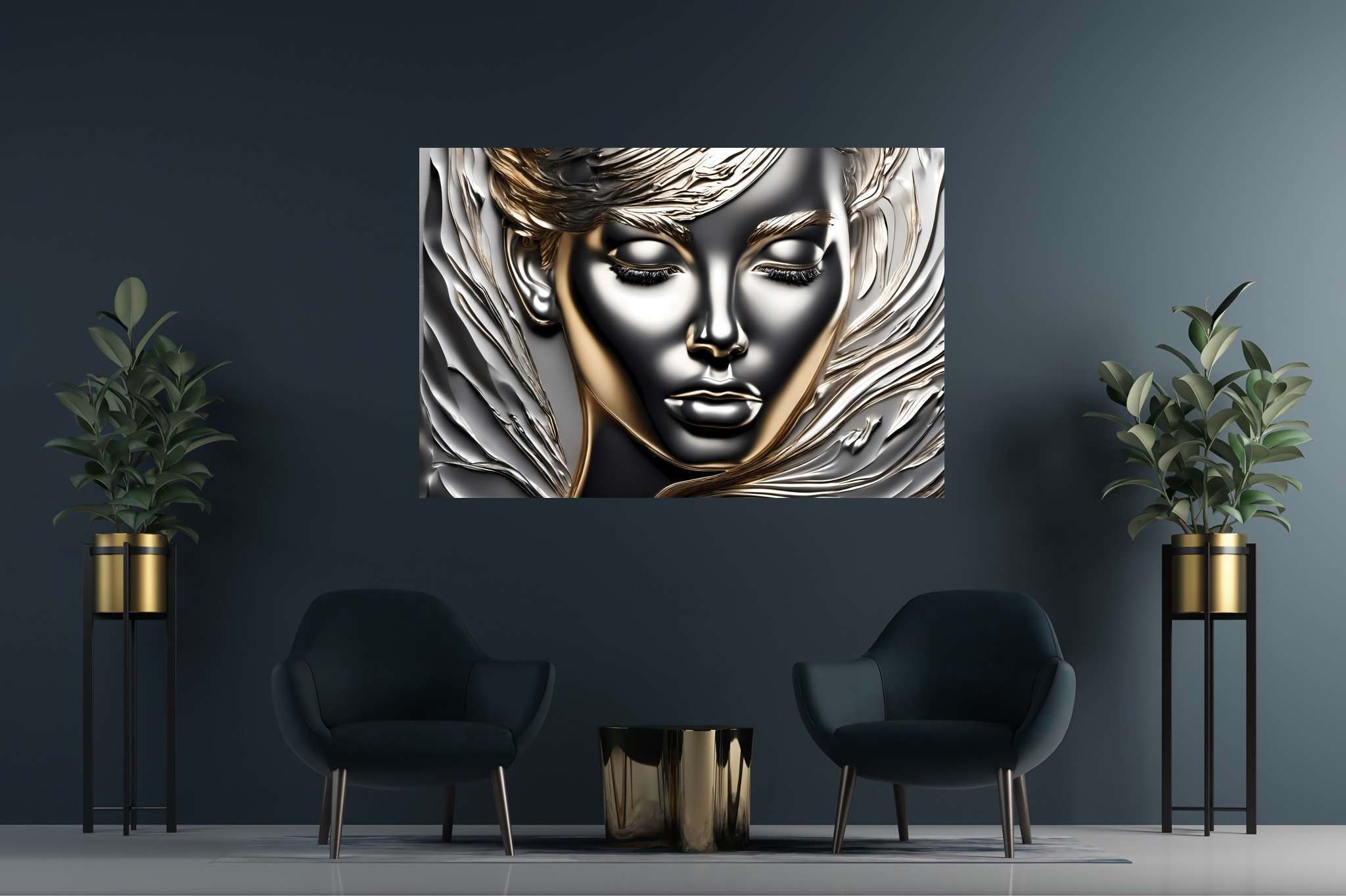 Silent resonance in gold: Woman art with female artwork, in a room with contemporary flair, photographic wall art, and decorative pieces. The art can be printed on poster, framed poster, canvas, metal, acrylic or wood, exclusively at WallArtZen. Find this exact print at https://wallartzen.com/waz245