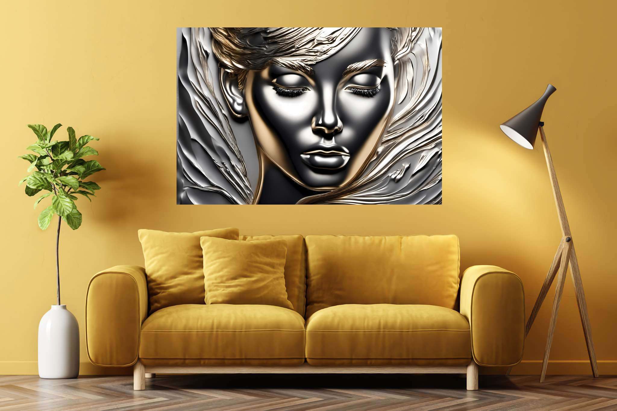 Silent resonance in gold: Woman art with feminine expression, in a room with great design, digital art pieces, and trendy home accents. The art can be printed on poster, framed poster, canvas, metal, acrylic or wood, exclusively at WallArtZen. Find this exact print at https://wallartzen.com/waz245