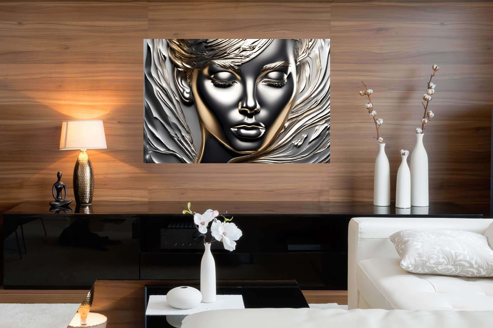 Silent resonance in gold: Woman art with women's perspectives, in a room with contemporary flair, wall hangings, and interior decorations. The art can be printed on poster, framed poster, canvas, metal, acrylic or wood, exclusively at WallArtZen. Find this exact print at https://wallartzen.com/waz245