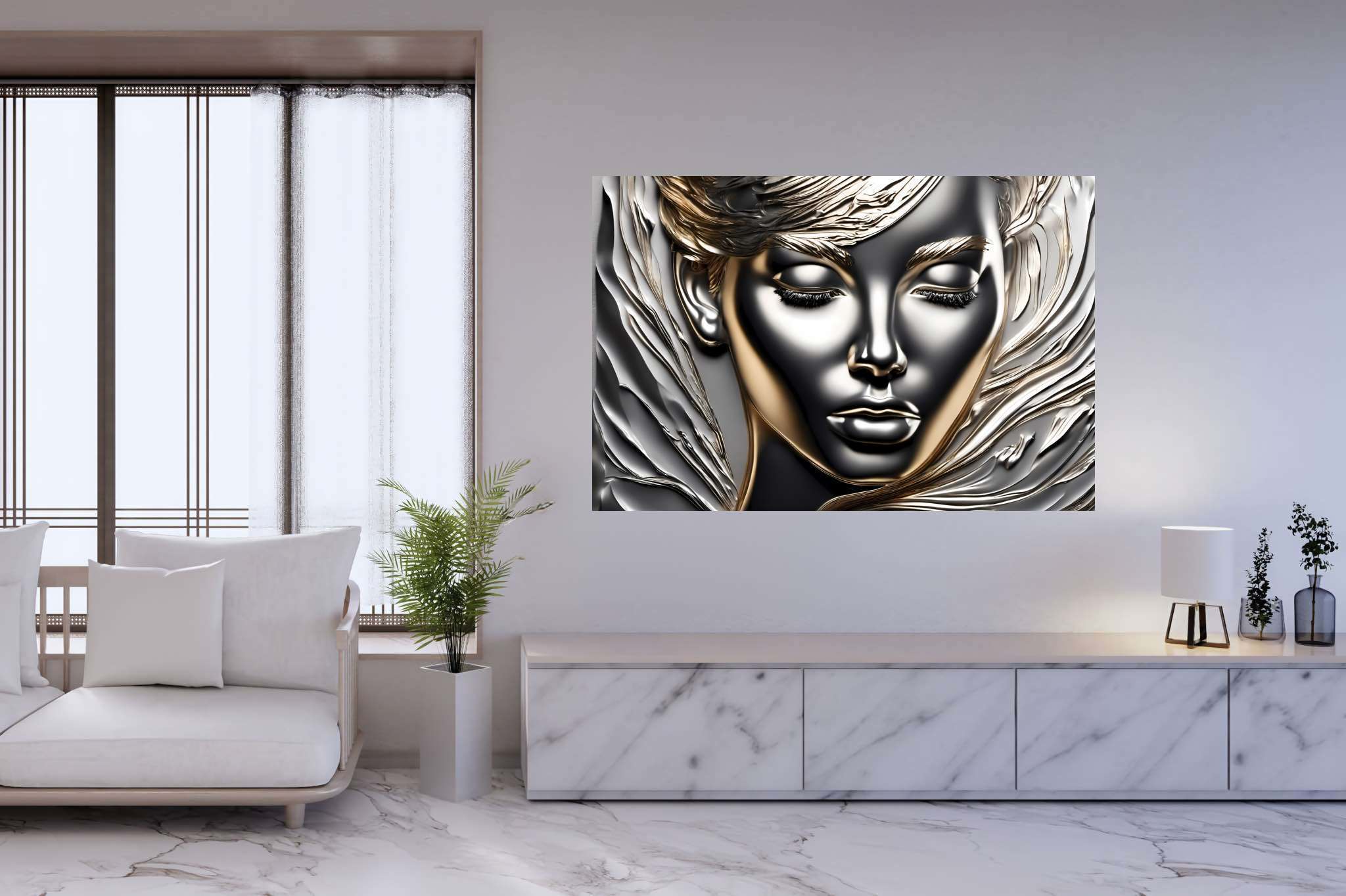 Silent resonance in gold: Woman art with women's identity, in a room with classic elegance, fine art prints, and home furnishings. The art can be printed on poster, framed poster, canvas, metal, acrylic or wood, exclusively at WallArtZen. Find this exact print at https://wallartzen.com/waz245