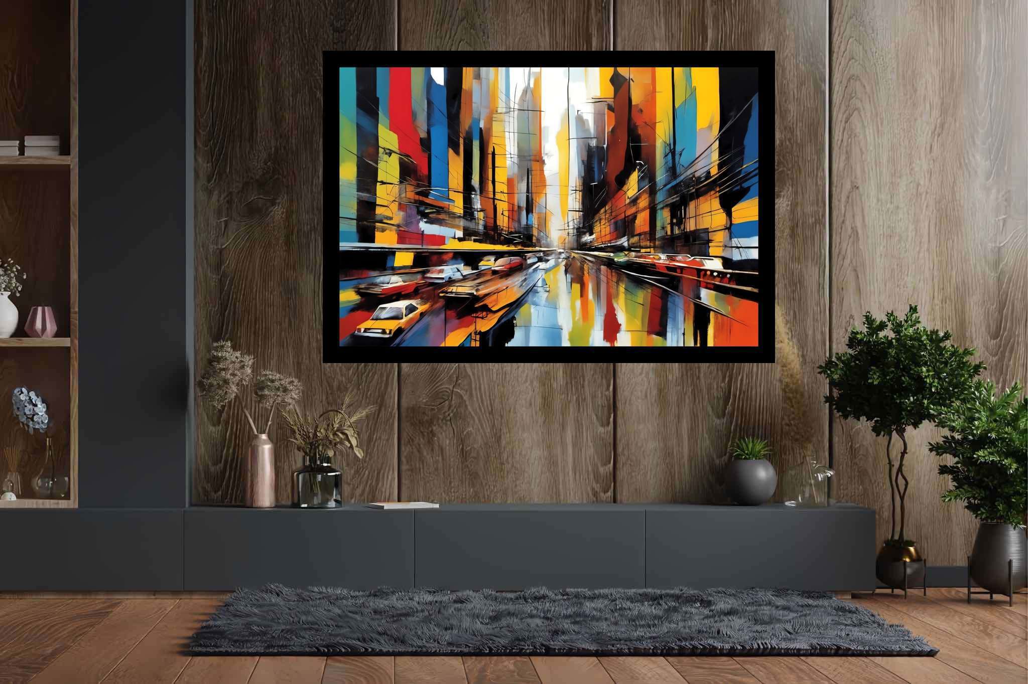 Urban dreamscape mirage: Surreal cityscape art with surreal architectural art, in a room with chic decor, photographic wall art, and designer furniture. The art can be printed on poster, framed poster, canvas, metal, acrylic or wood, exclusively at WallArtZen. Find this exact print at https://wallartzen.com/waz246