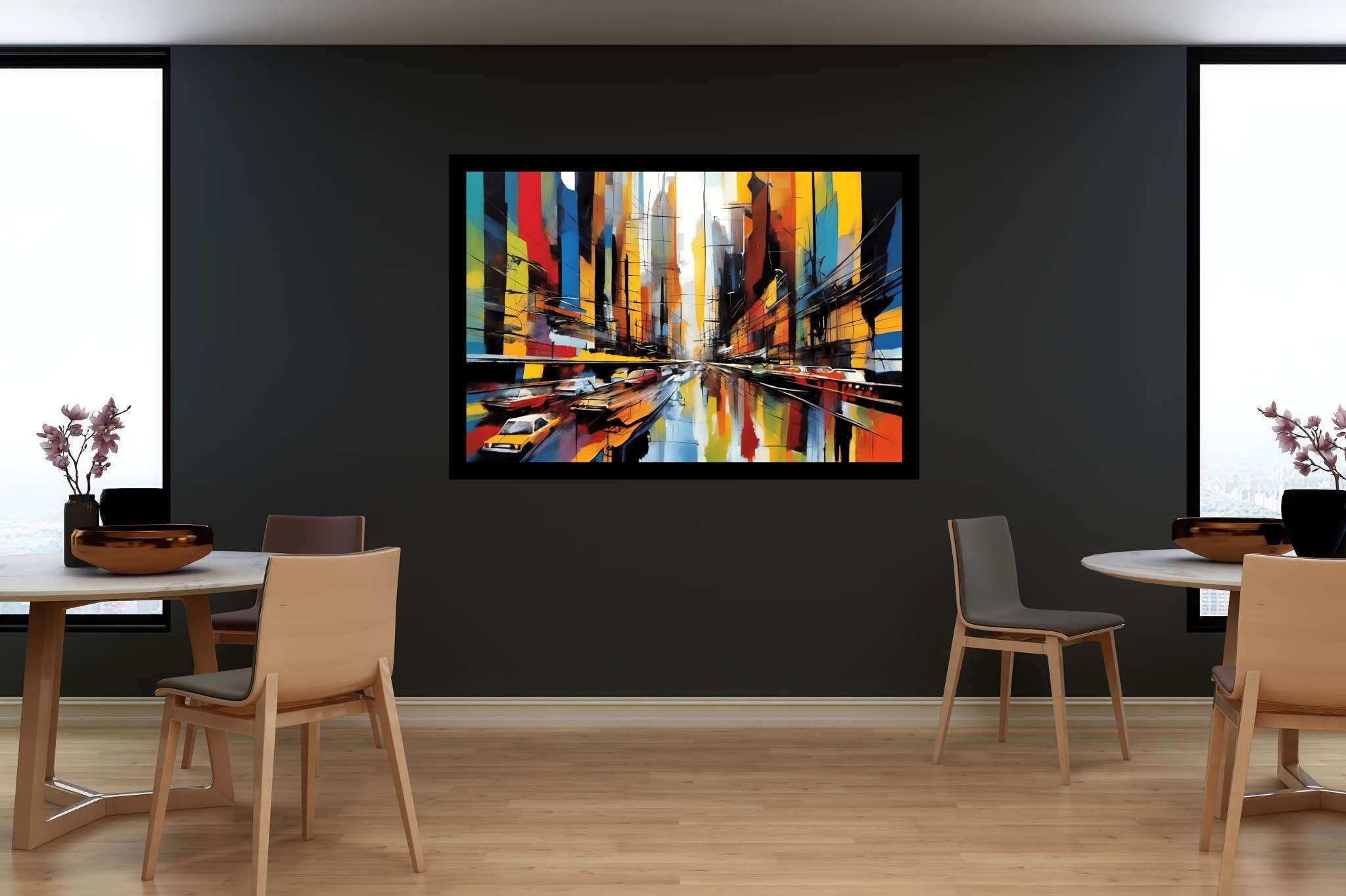Urban dreamscape mirage: Surreal cityscape art with ethereal city art, in a room with contemporary flair, abstract paintings, and home styling items. The art can be printed on poster, framed poster, canvas, metal, acrylic or wood, exclusively at WallArtZen. Find this exact print at https://wallartzen.com/waz246