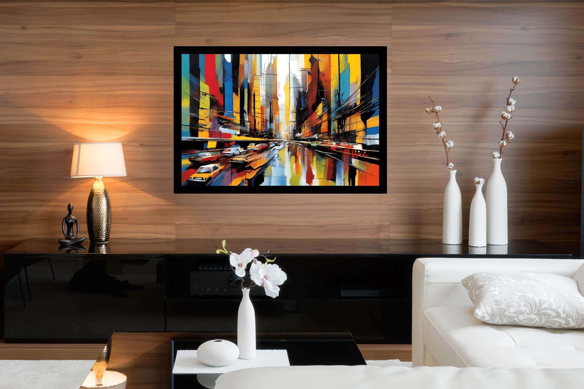 Urban dreamscape mirage: Surreal cityscape art with abstract cityscapes, in a room with modern style, wall hangings, and home styling items. The art can be printed on poster, framed poster, canvas, metal, acrylic or wood, exclusively at WallArtZen. Find this exact print at https://wallartzen.com/waz246