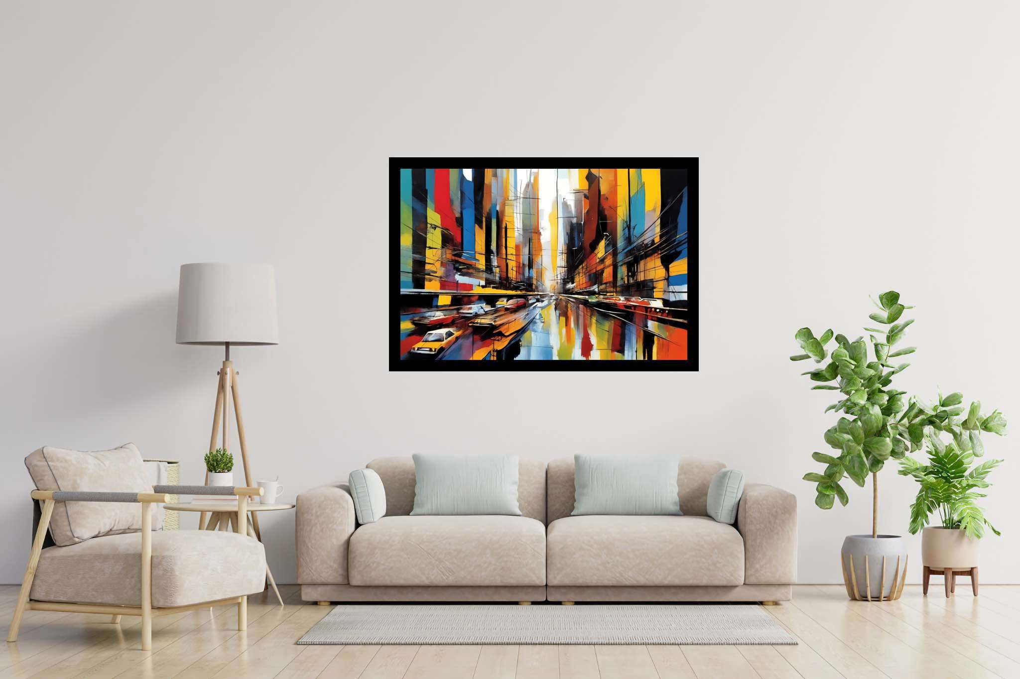 Urban dreamscape mirage: Surreal cityscape art with futuristic cityscapes, in a room with minimalist approach, framed art, and artisan decor. The art can be printed on poster, framed poster, canvas, metal, acrylic or wood, exclusively at WallArtZen. Find this exact print at https://wallartzen.com/waz246