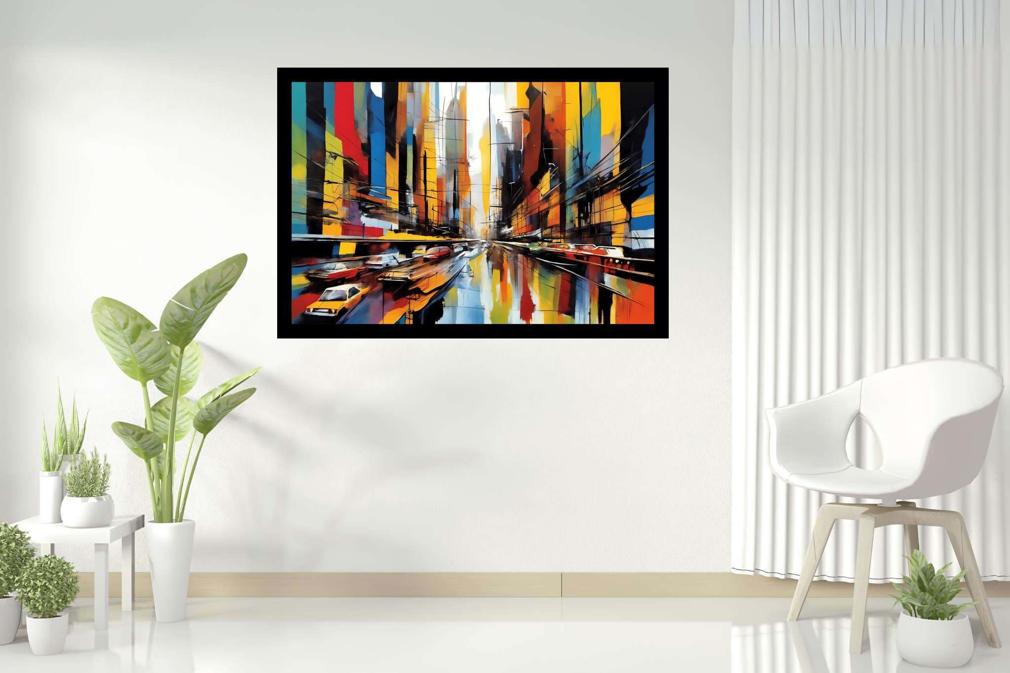 Urban dreamscape mirage: Surreal cityscape art with otherworldly urban art, in a room with great design, bespoke art designs, and trendy home accents. The art can be printed on poster, framed poster, canvas, metal, acrylic or wood, exclusively at WallArtZen. Find this exact print at https://wallartzen.com/waz246