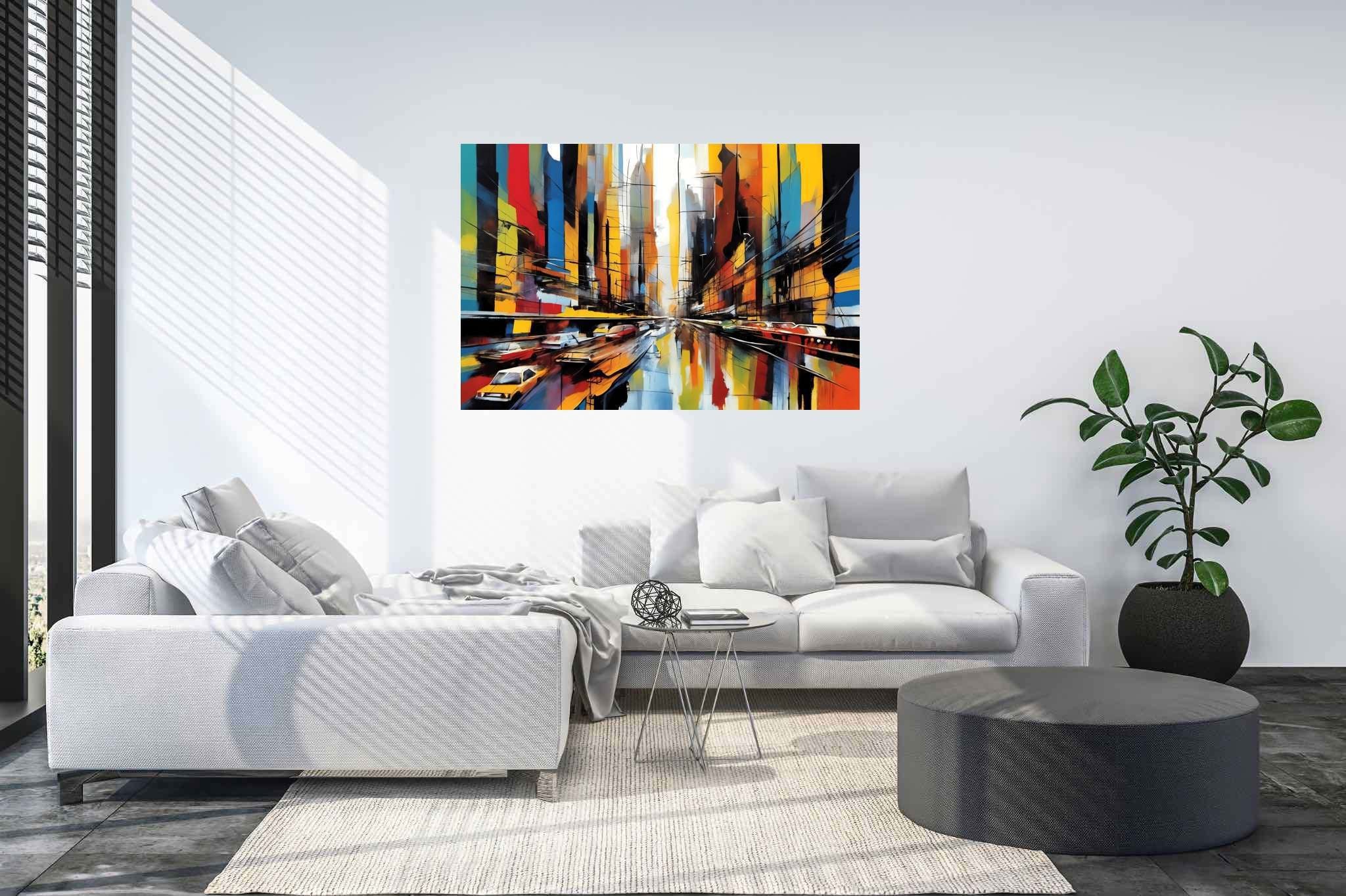 Urban dreamscape mirage: Surreal cityscape art with ethereal city art, in a room with contemporary flair, mural artworks, and designer furniture. The art can be printed on poster, framed poster, canvas, metal, acrylic or wood, exclusively at WallArtZen. Find this exact print at https://wallartzen.com/waz246