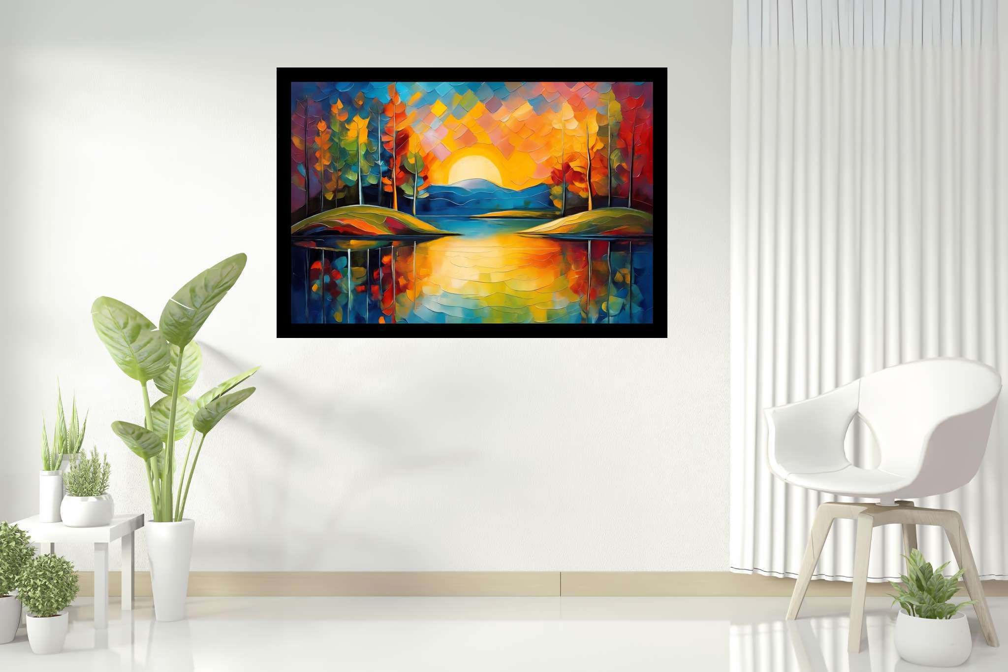 Sunset's gentle embrace: Tranquil landscape art with serene outdoor artwork, in a room with chic decor, gallery-quality artwork, and elegant home goods. The art can be printed on poster, framed poster, canvas, metal, acrylic or wood, exclusively at WallArtZen. Find this exact print at https://wallartzen.com/waz247