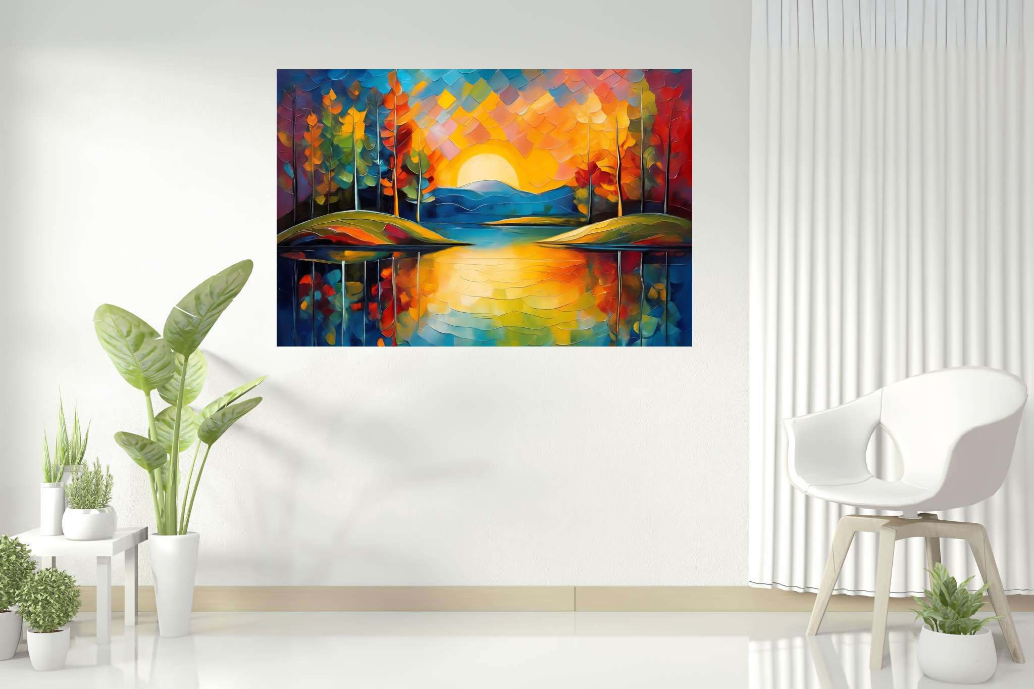 Sunset's gentle embrace: Tranquil landscape art with peaceful landscape vistas, in a room with innovative layout, canvas prints, and elegant home goods. The art can be printed on poster, framed poster, canvas, metal, acrylic or wood, exclusively at WallArtZen. Find this exact print at https://wallartzen.com/waz247