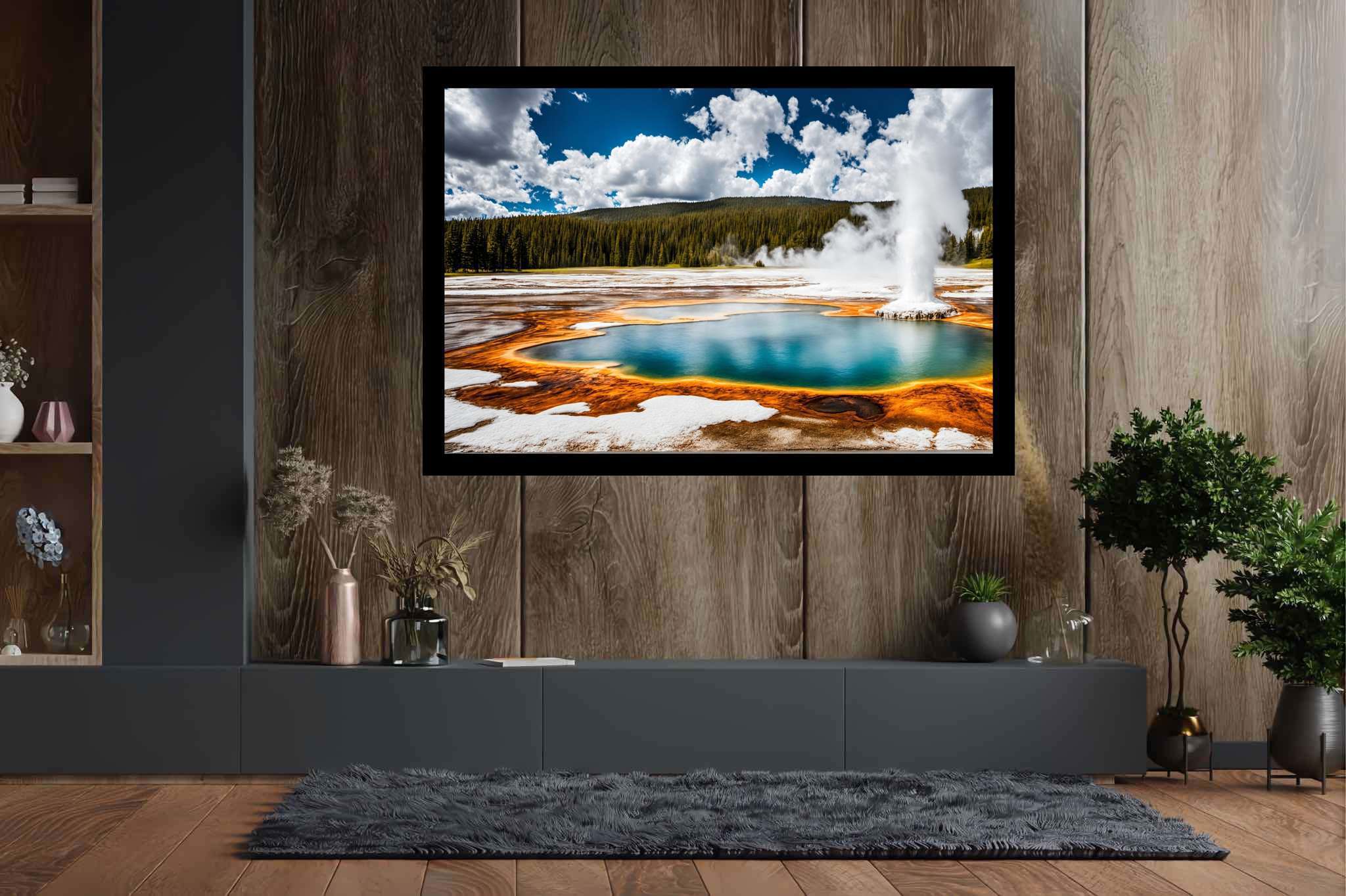 Aqua serenata: Geyser art with hot springs, in a room with elegant layout, canvas prints, and home styling items. The art can be printed on poster, framed poster, canvas, metal, acrylic or wood, exclusively at WallArtZen. Find this exact print at https://wallartzen.com/waz248