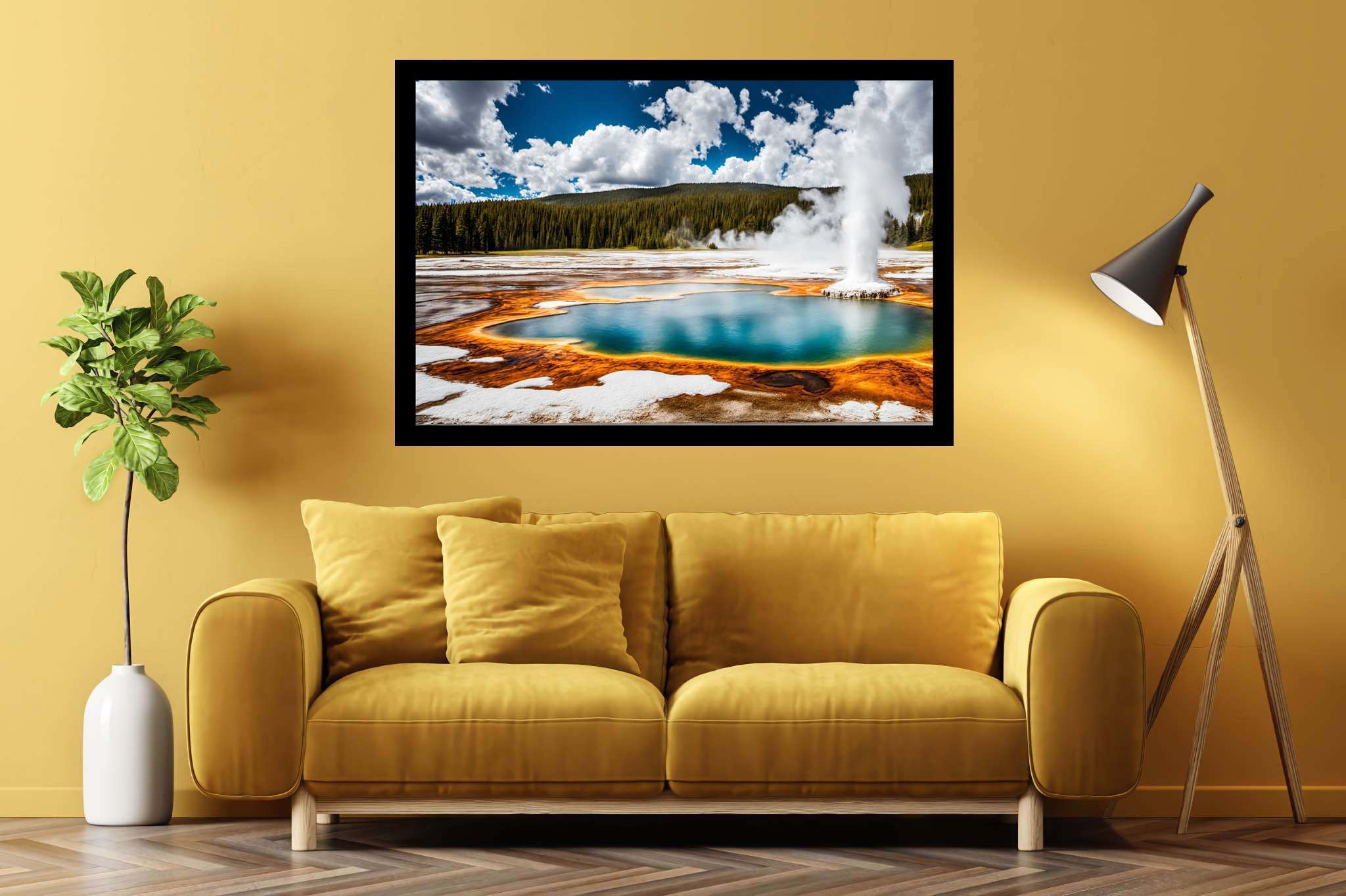 Aqua serenata: Geyser art with steam, in a room with contemporary flair, digital art pieces, and trendy home accents. The art can be printed on poster, framed poster, canvas, metal, acrylic or wood, exclusively at WallArtZen. Find this exact print at https://wallartzen.com/waz248