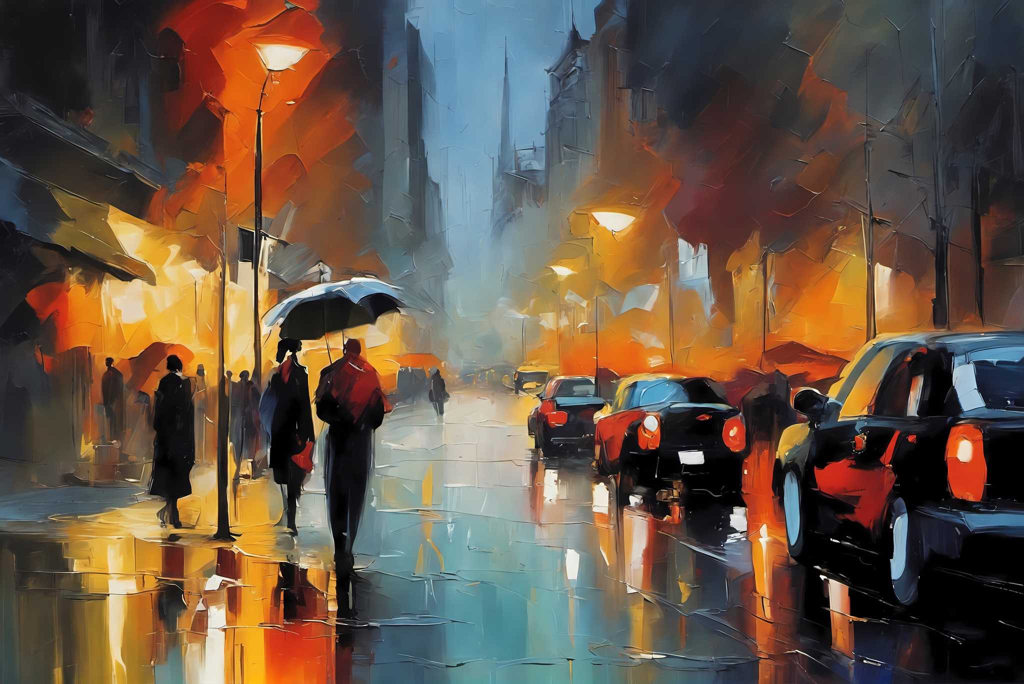 Rain draped boulevard dreams: Rainy night art with moody rainy night, in a room with classic elegance, abstract paintings, and interior decorations. The art can be printed on poster, framed poster, canvas, metal, acrylic or wood, exclusively at WallArtZen. Find this exact print at https://wallartzen.com/waz249