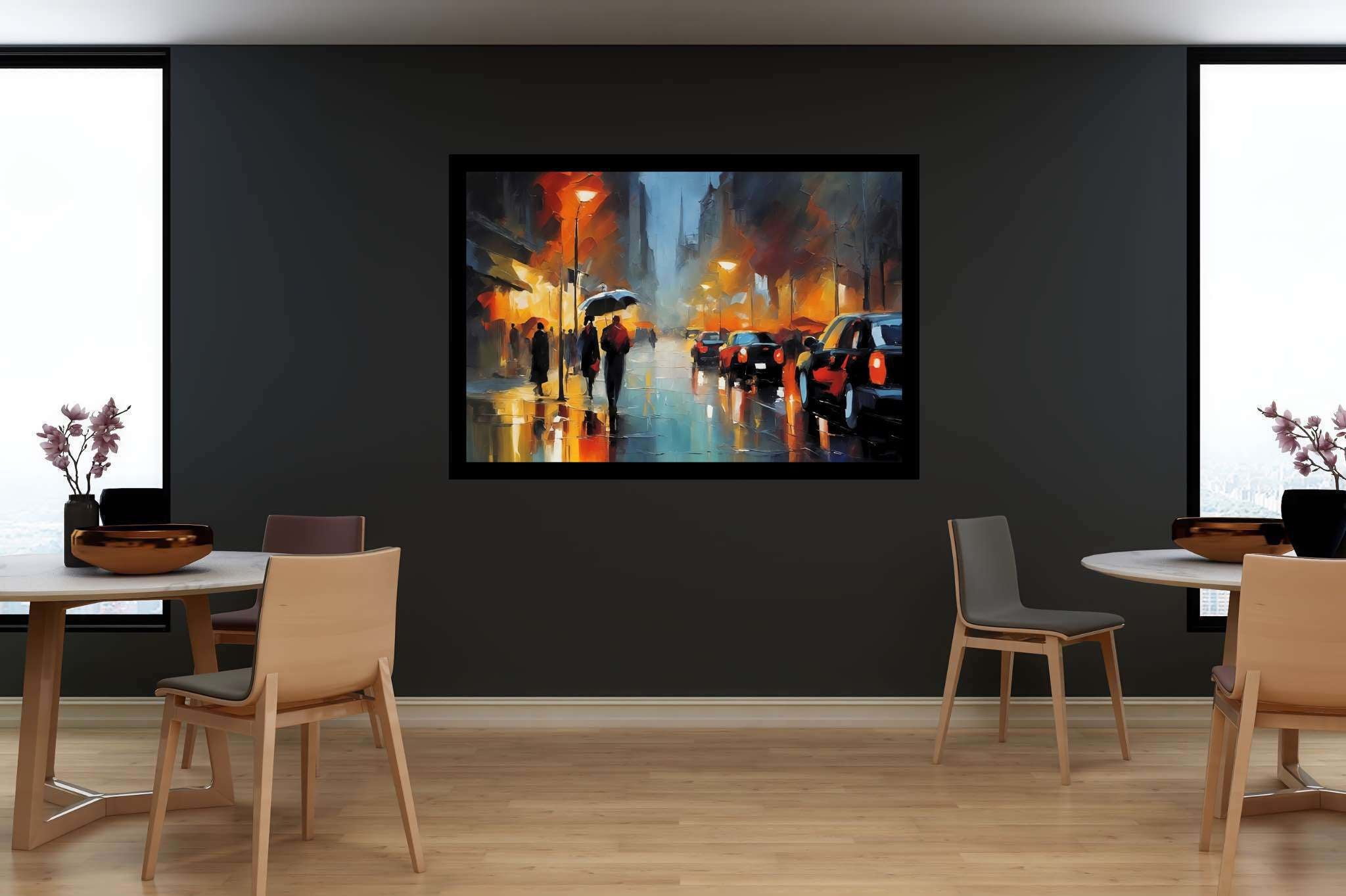 Rain draped boulevard dreams: Rainy night art with rainy night reflections, in a room with innovative layout, gallery-quality artwork, and home styling items. The art can be printed on poster, framed poster, canvas, metal, acrylic or wood, exclusively at WallArtZen. Find this exact print at https://wallartzen.com/waz249
