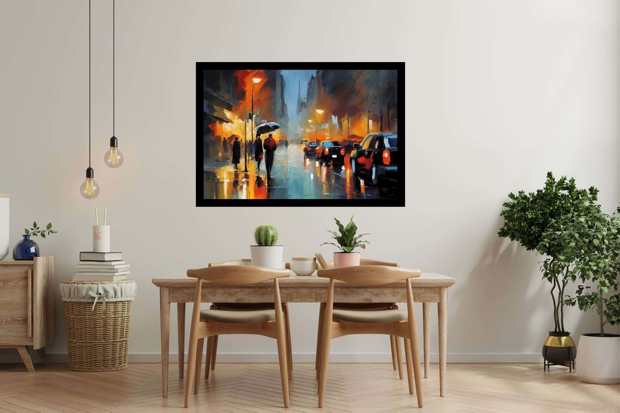 Rain draped boulevard dreams: Rainy night art with rainy night city lights, in a room with artistic style, canvas prints, and home styling items. The art can be printed on poster, framed poster, canvas, metal, acrylic or wood, exclusively at WallArtZen. Find this exact print at https://wallartzen.com/waz249
