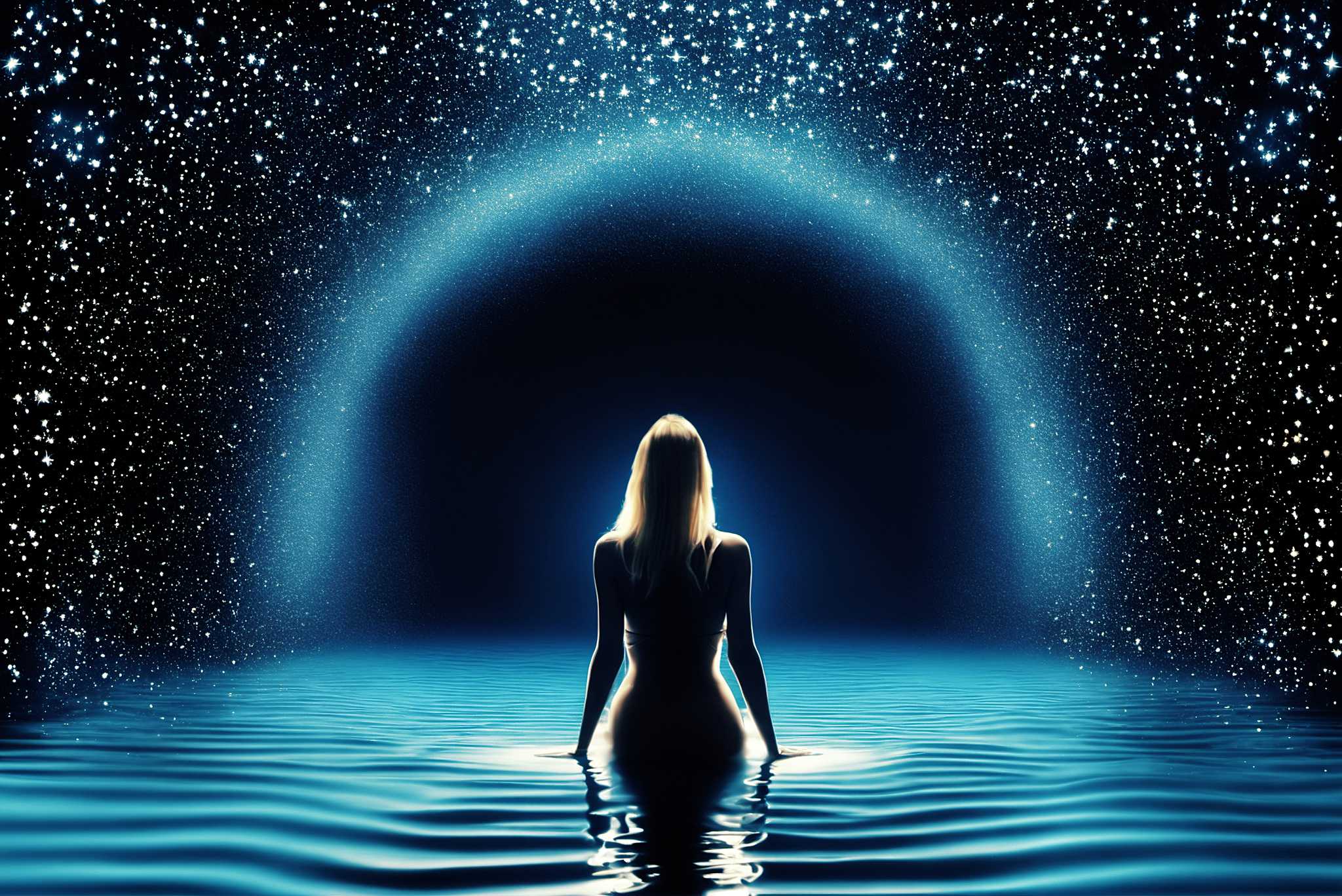 Starlit muse of the deep: Celestial art with astronomy, in a room with contemporary flair, wall art, and designer furniture. The art can be printed on poster, framed poster, canvas, metal, acrylic or wood, exclusively at WallArtZen. Find this exact print at https://wallartzen.com/waz24